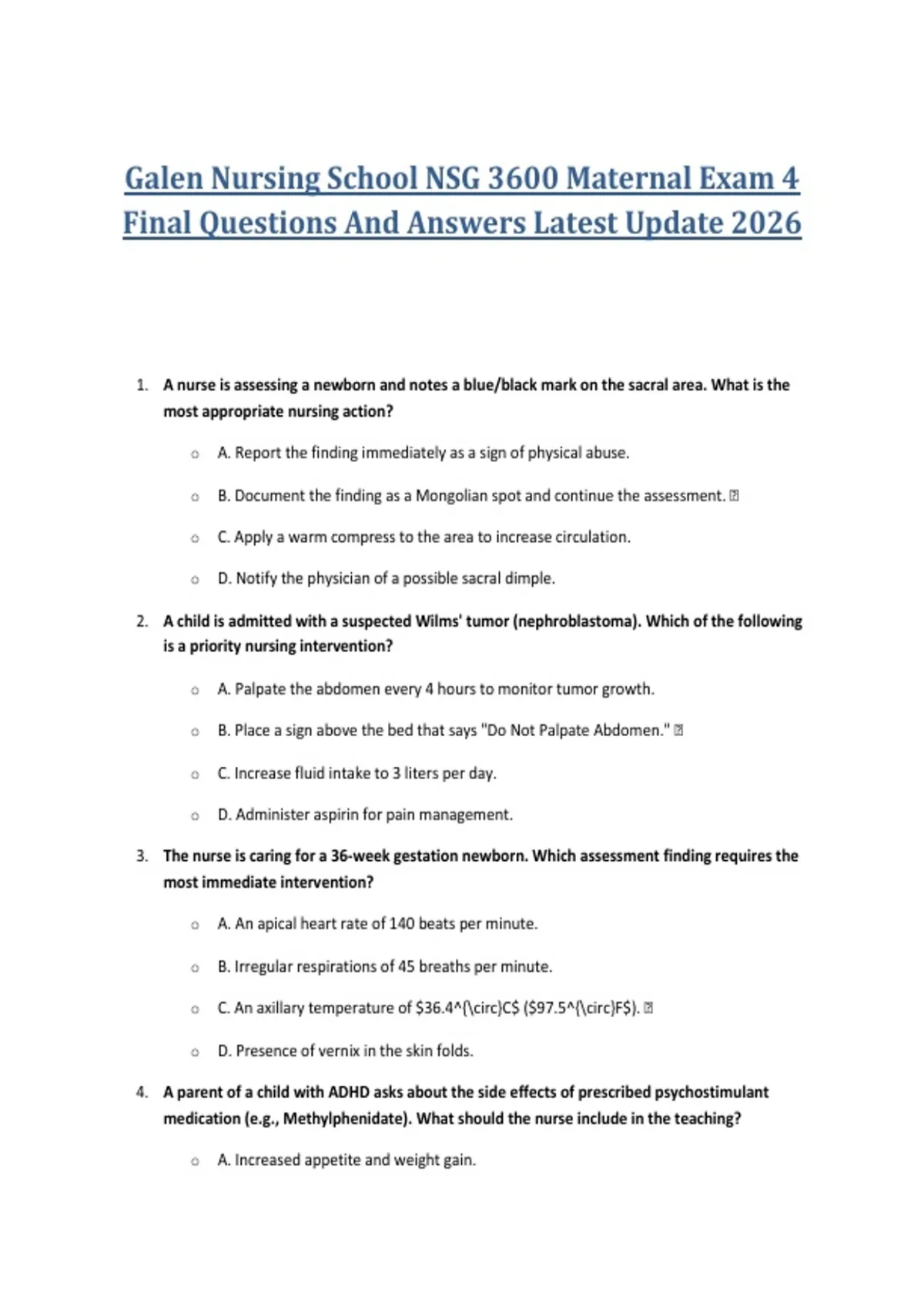Galen Nursing School NSG 3600 Maternal Exam 4 Final Questions And ...