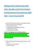 Michigan Police Detective Specialist  Exam  Questions and Correct Answers  &lpar;Verified Answers&rpar; Plus Rationales 2026  Q&A &vert; Instant Download Pdf
