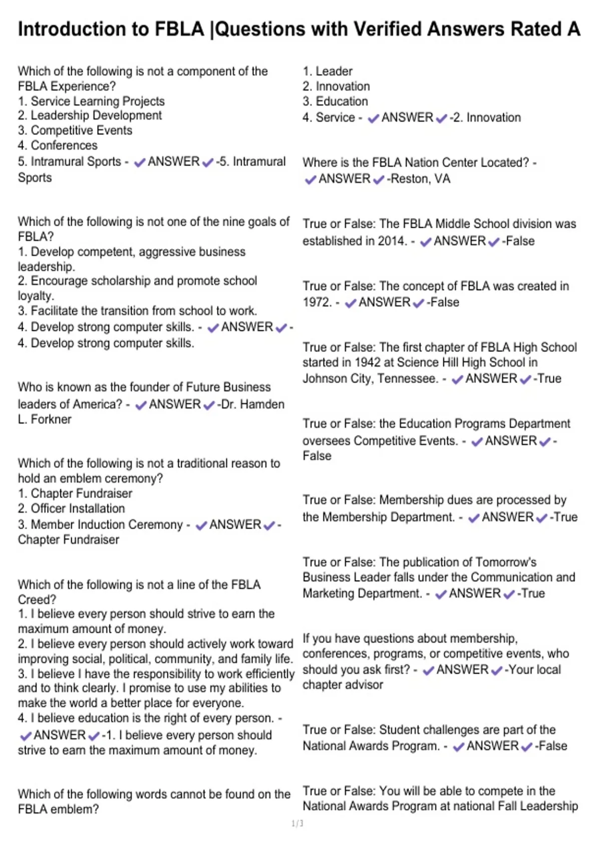 Introduction to FBLA |Questions with Verified Answers Rated A ...