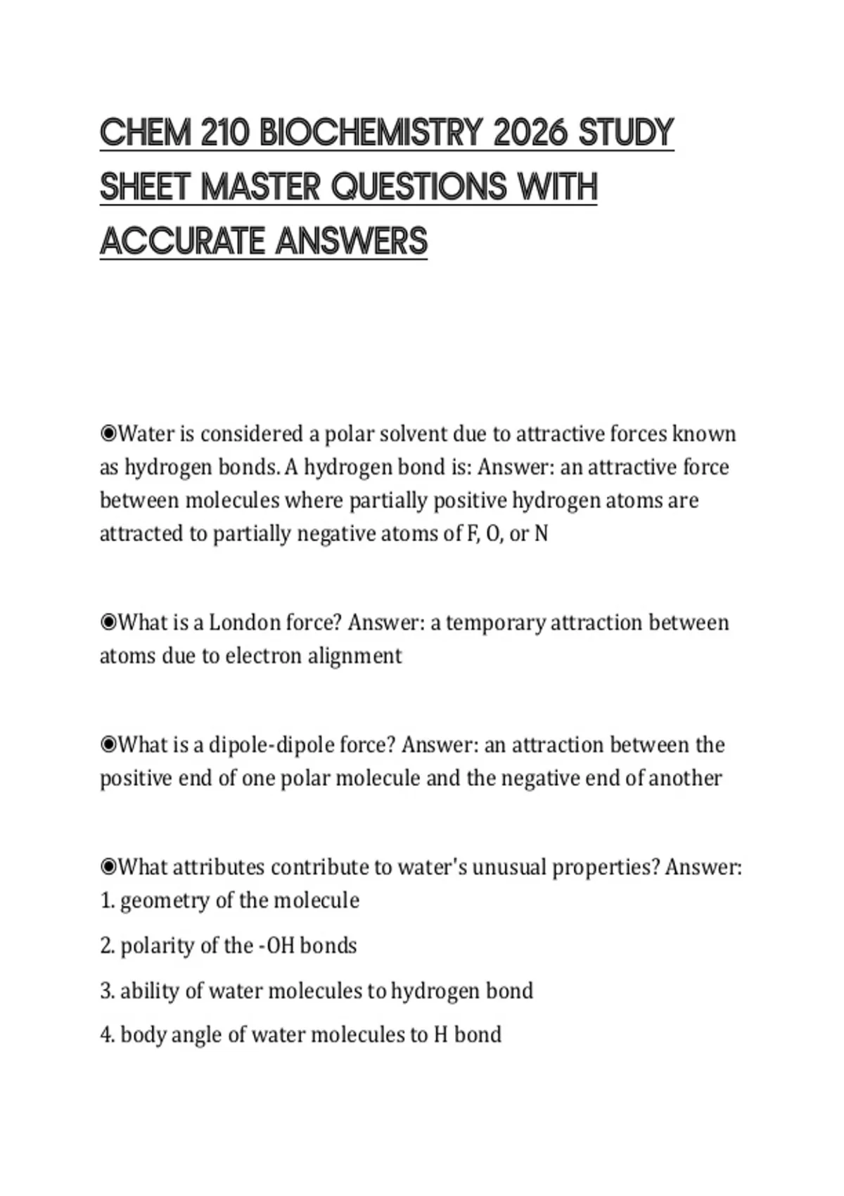 CHEM 210 BIOCHEMISTRY 2026 STUDY SHEET MASTER QUESTIONS WITH ACCURATE ...