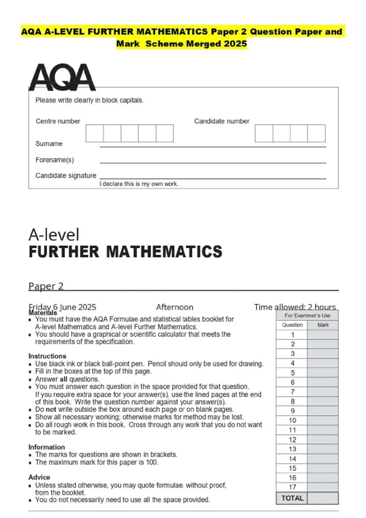 AQA LEVEL 2 Certificate FURTHER MATHEMATICS Paper 1 Non- Calculator ...