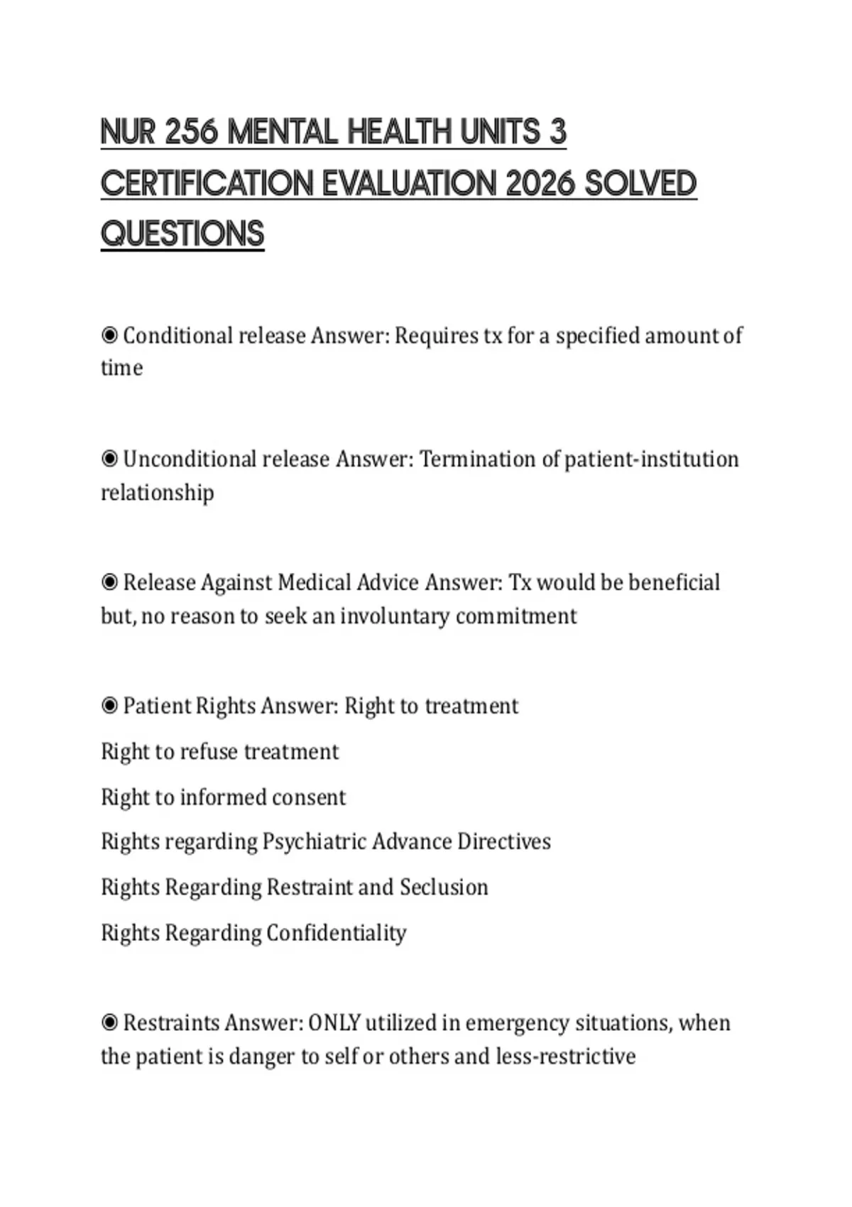 NUR 256 MENTAL HEALTH UNITS 3 CERTIFICATION EVALUATION 2026 SOLVED ...