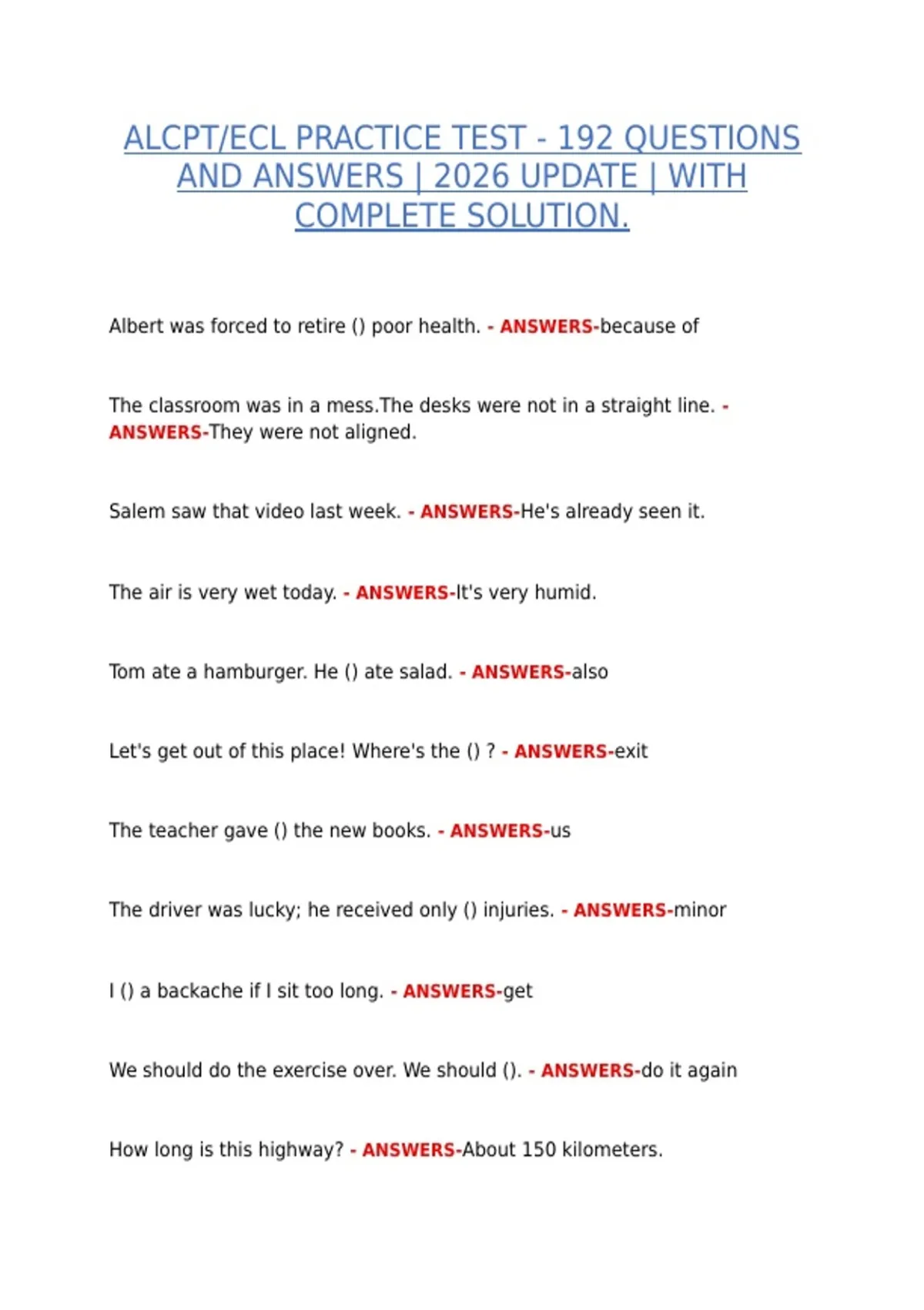 Elcat Example Questions ALCPT/ECL PRACTICE TEST – 192 QUESTIONS AND ANSWERS | 2026 UPDATE ...