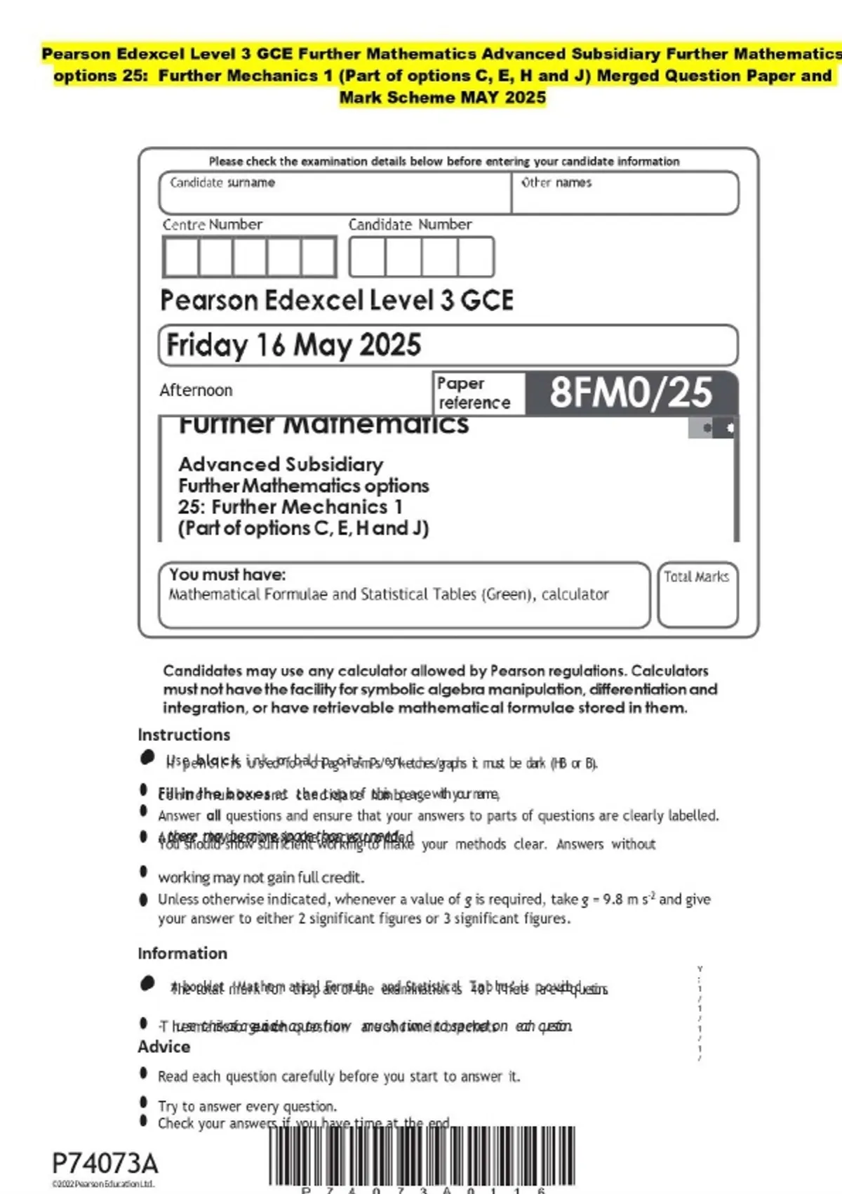 Futher Math Jc Question Pearson Edexcel Level 3 GCE Further Mathematics Advanced Subsidiary ...