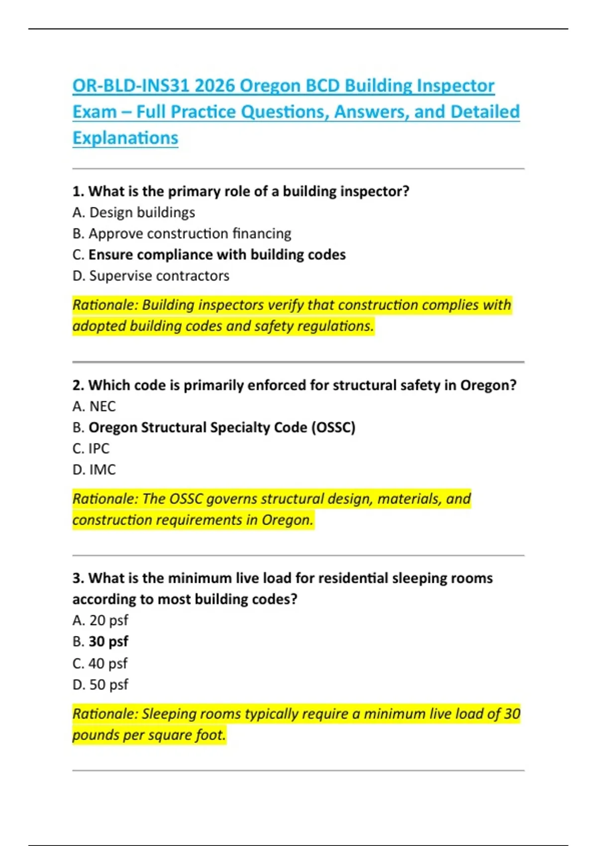Oregon BCD Building Inspector Exam 2026 – Full Practice Questions ...
