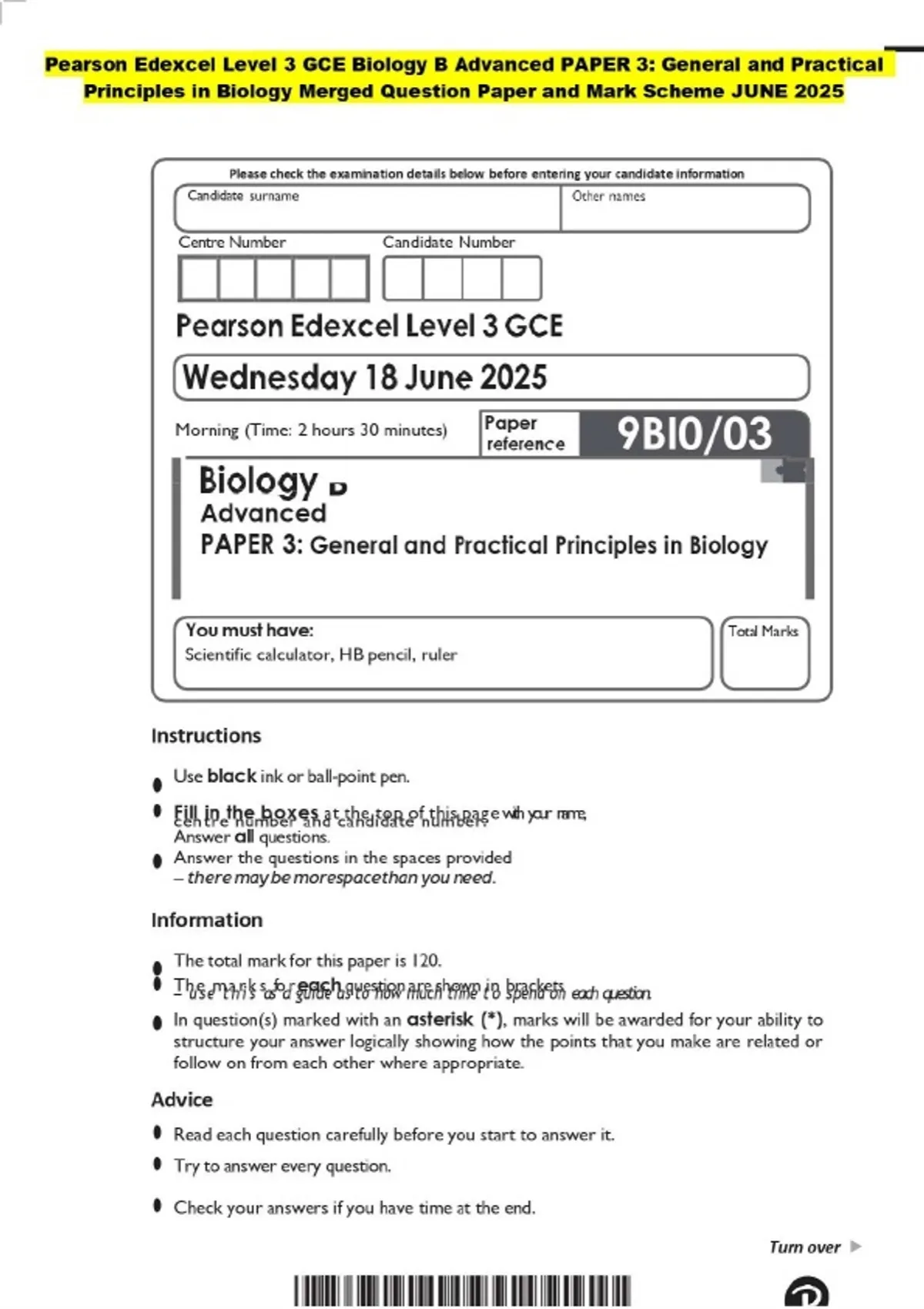 Pearson Edexcel Level 3 GCE Biology B Advanced PAPER 3: General and ...
