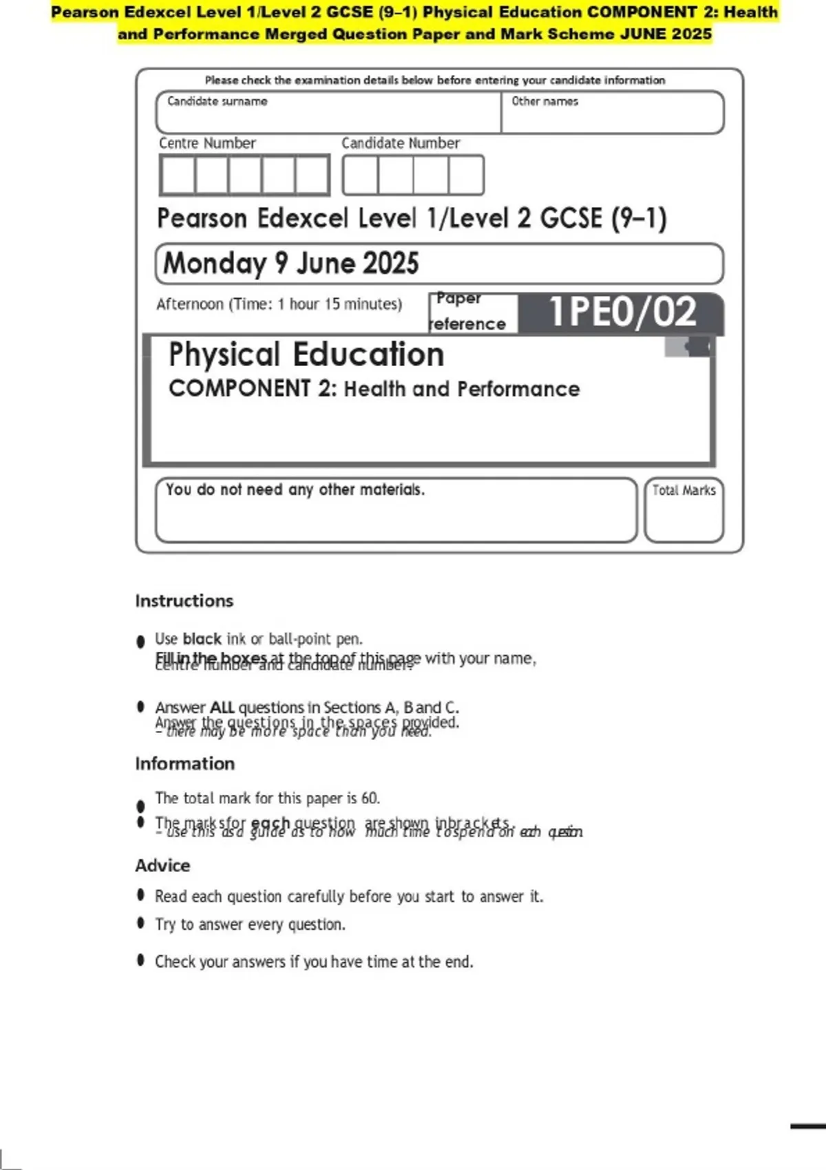 Pearson Edexcel Level 1/Level 2 GCSE (9–1) Physical Education COMPONENT ...