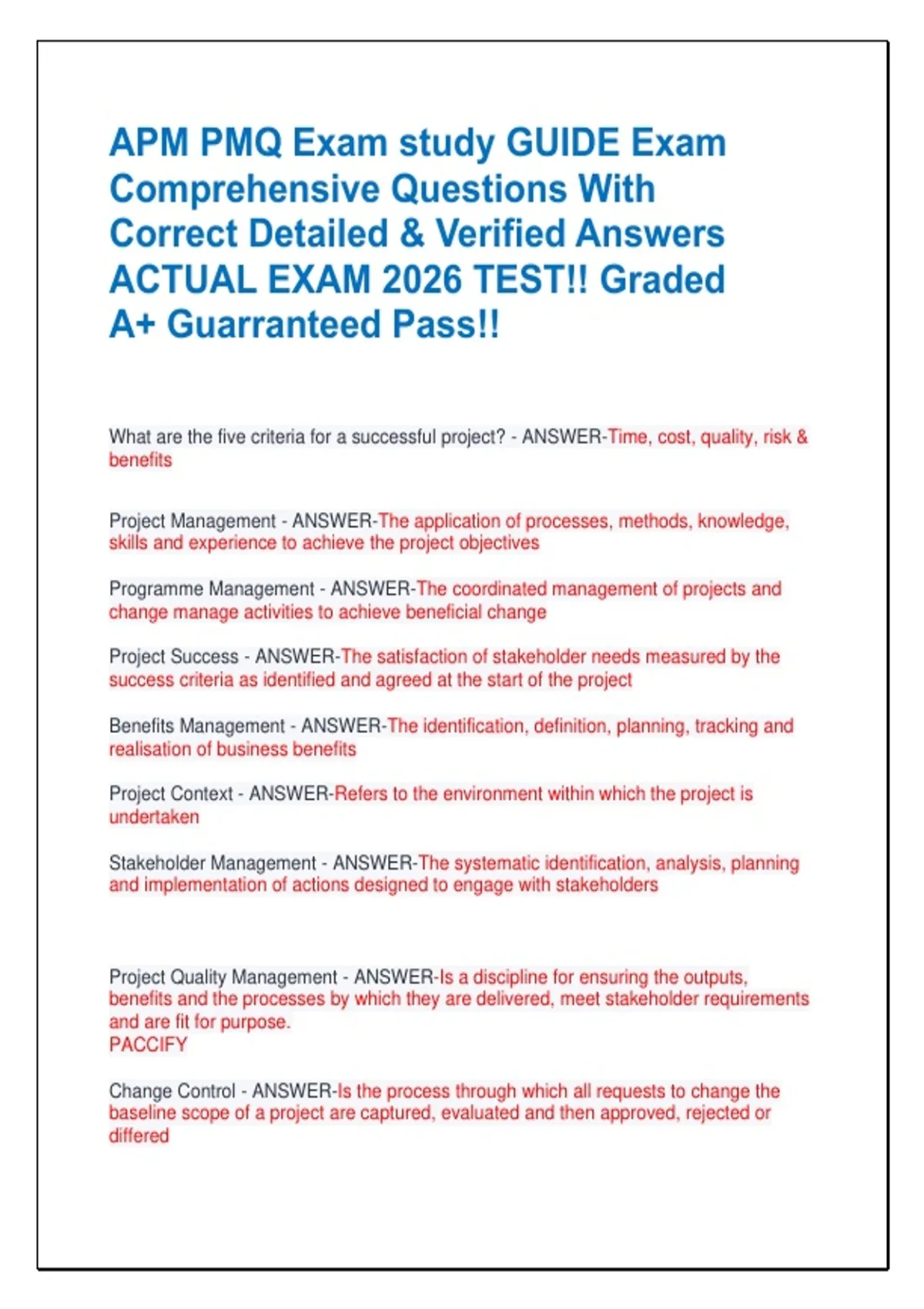 APM PMQ Exam study GUIDE Exam Comprehensive Questions With Correct ...