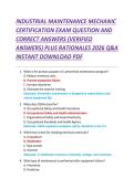 INDUSTRIAL MAINTENANCE MECHANIC  CERTIFICATION EXAM QUESTION AND  CORRECT ANSWERS &lpar;VERIFIED  ANSWERS&rpar; PLUS RATIONALES 2026 Q&A  INSTANT DOWNLOAD PDF 