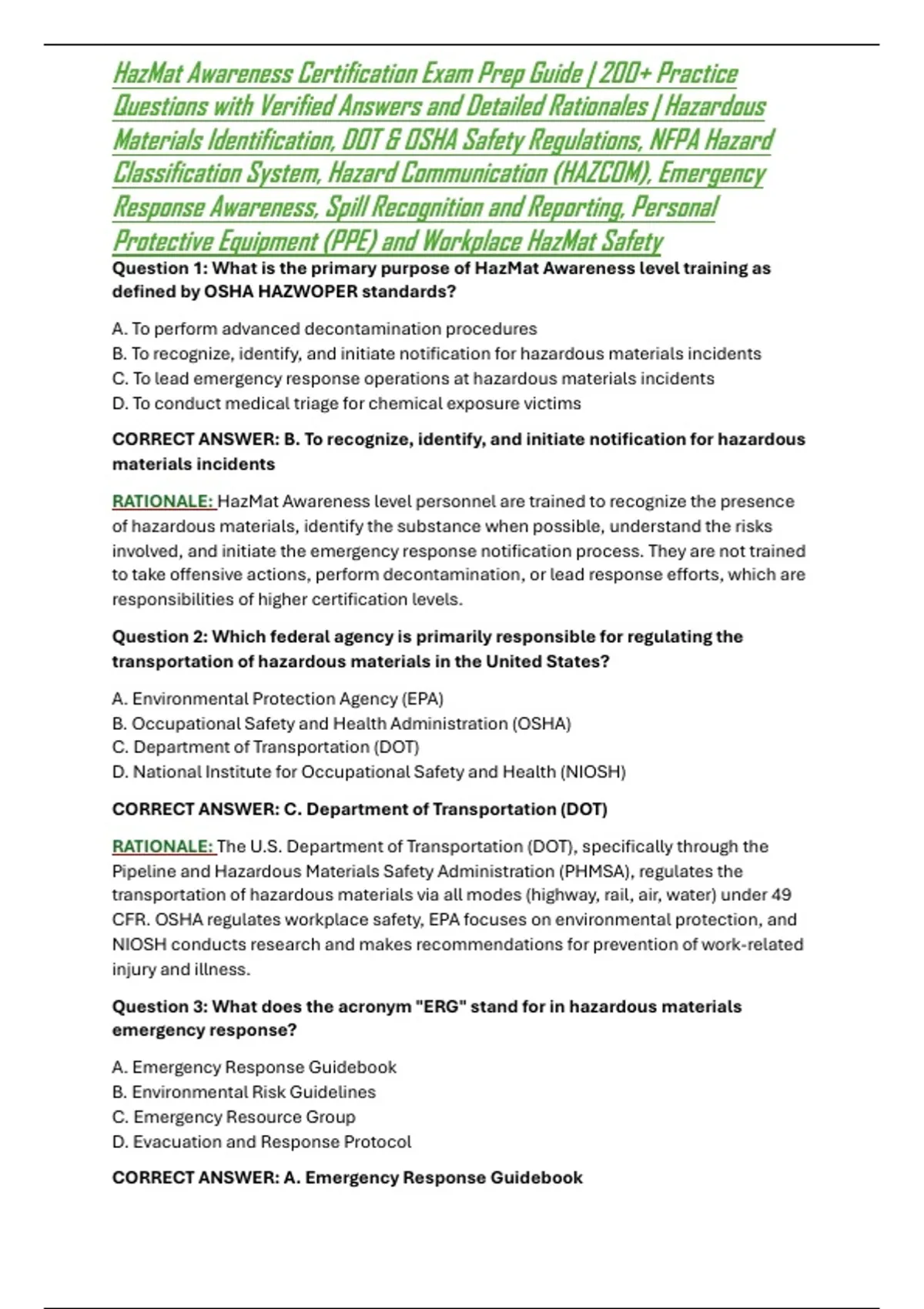 HazMat Awareness Certification Exam Prep Guide | 200+ Practice ...