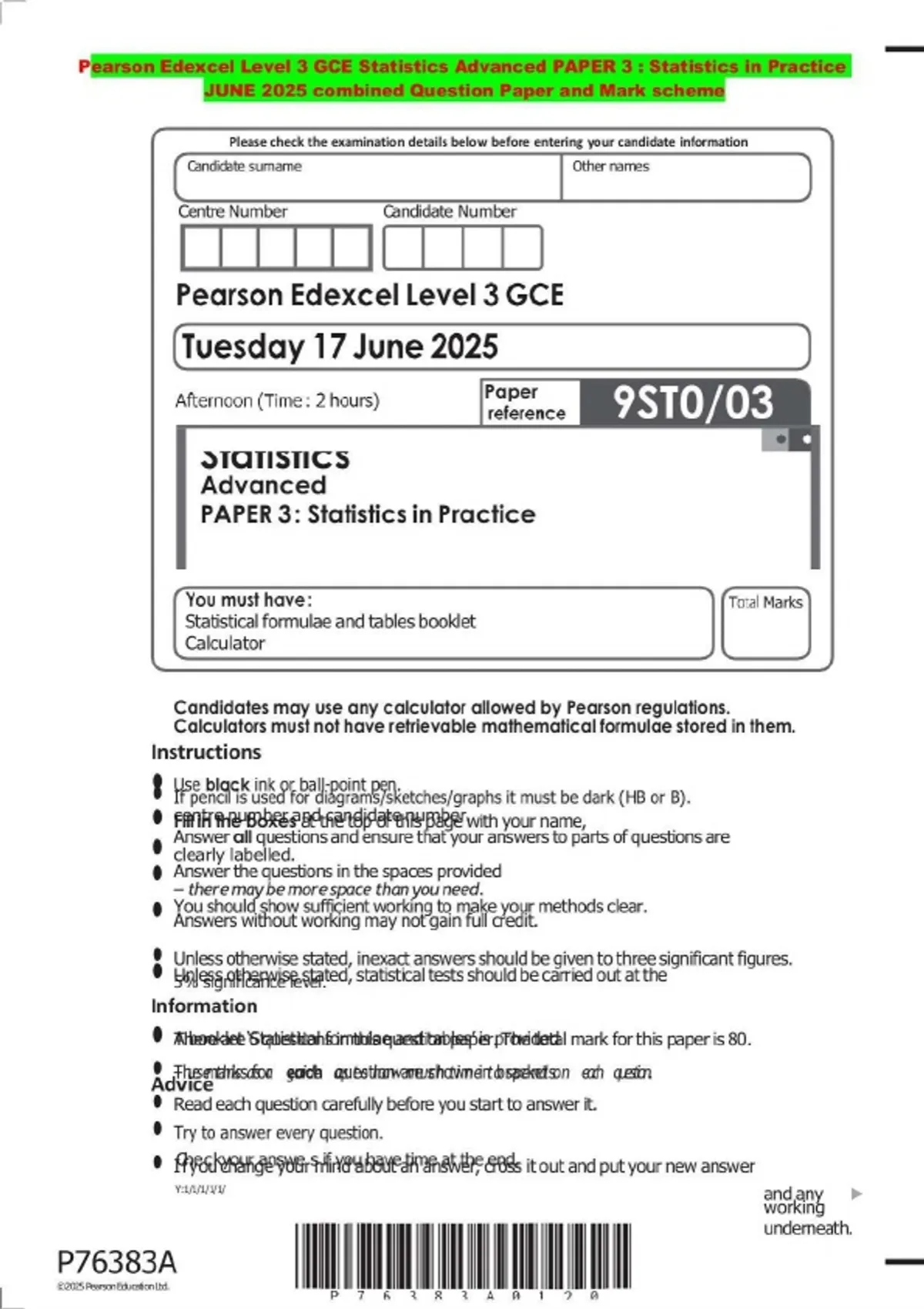 BUNDLE:::Pearson Edexcel Level 3 GCE Statistics Advanced PAPER 2025 ...