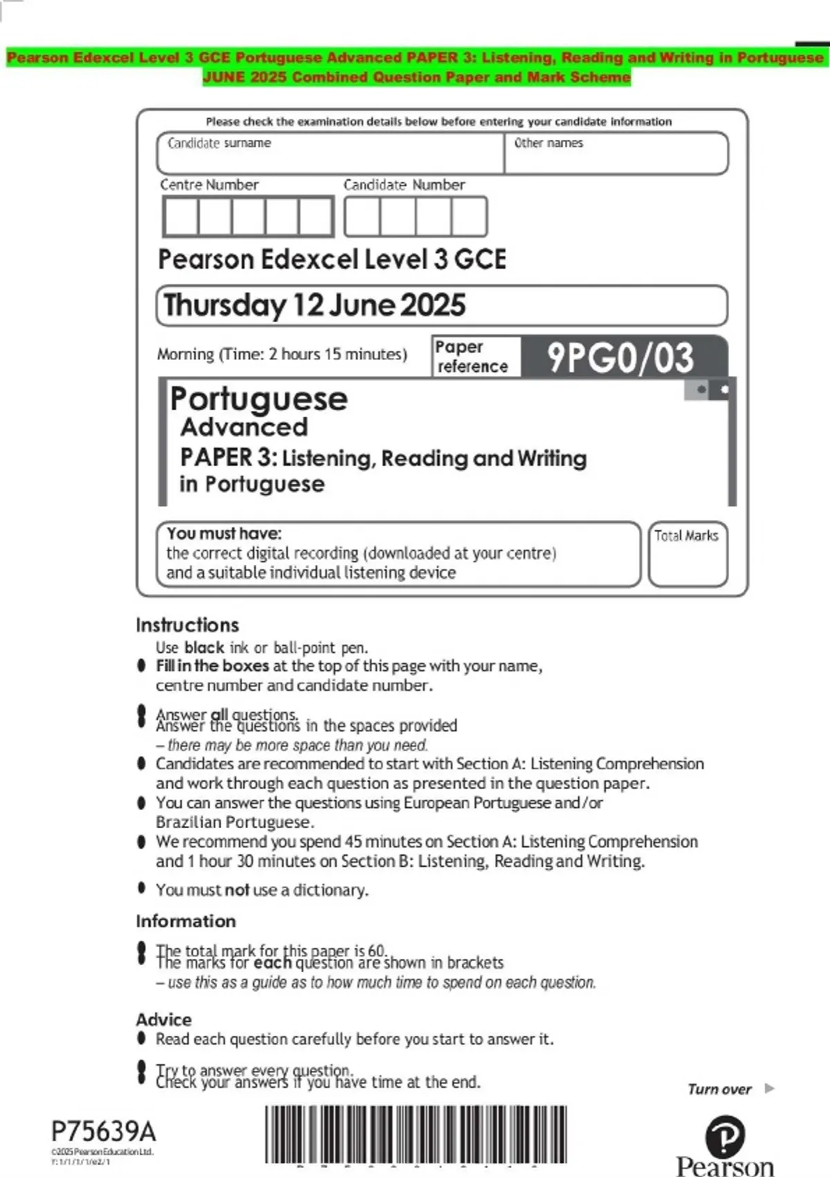 BUNDLE:::Pearson Edexcel Level 3 GCE Portuguese Advanced 2025 Combined ...