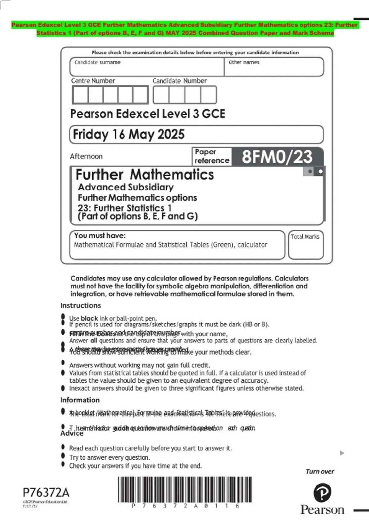 Pearson Edexcel Level 3 GCE Further Mathematics Advanced Subsidiary ...