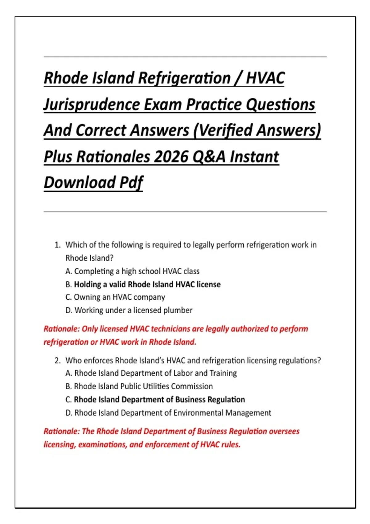 Rhode Island Refrigeration / HVAC Jurisprudence Exam Practice Questions ...
