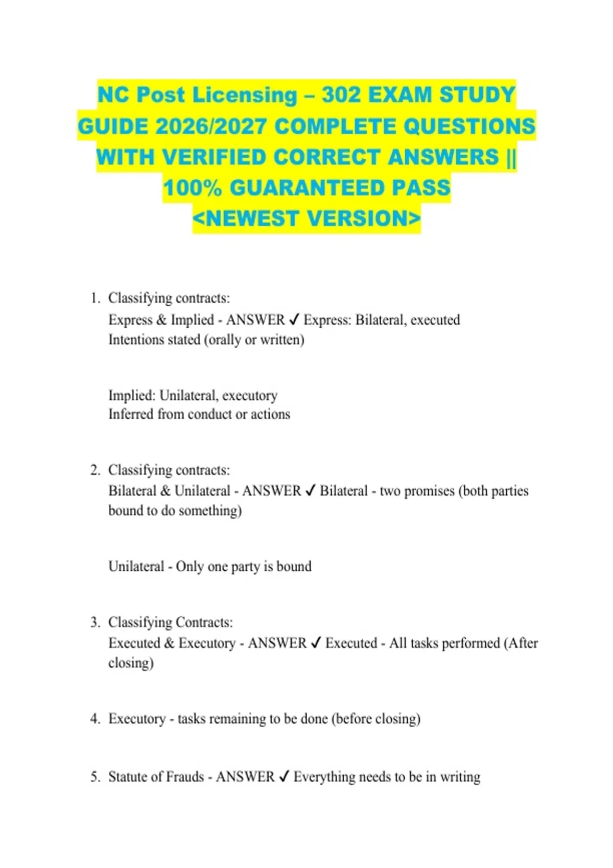 NC Post Licensing – 302 EXAM STUDY GUIDE 2026/2027 COMPLETE QUESTIONS ...