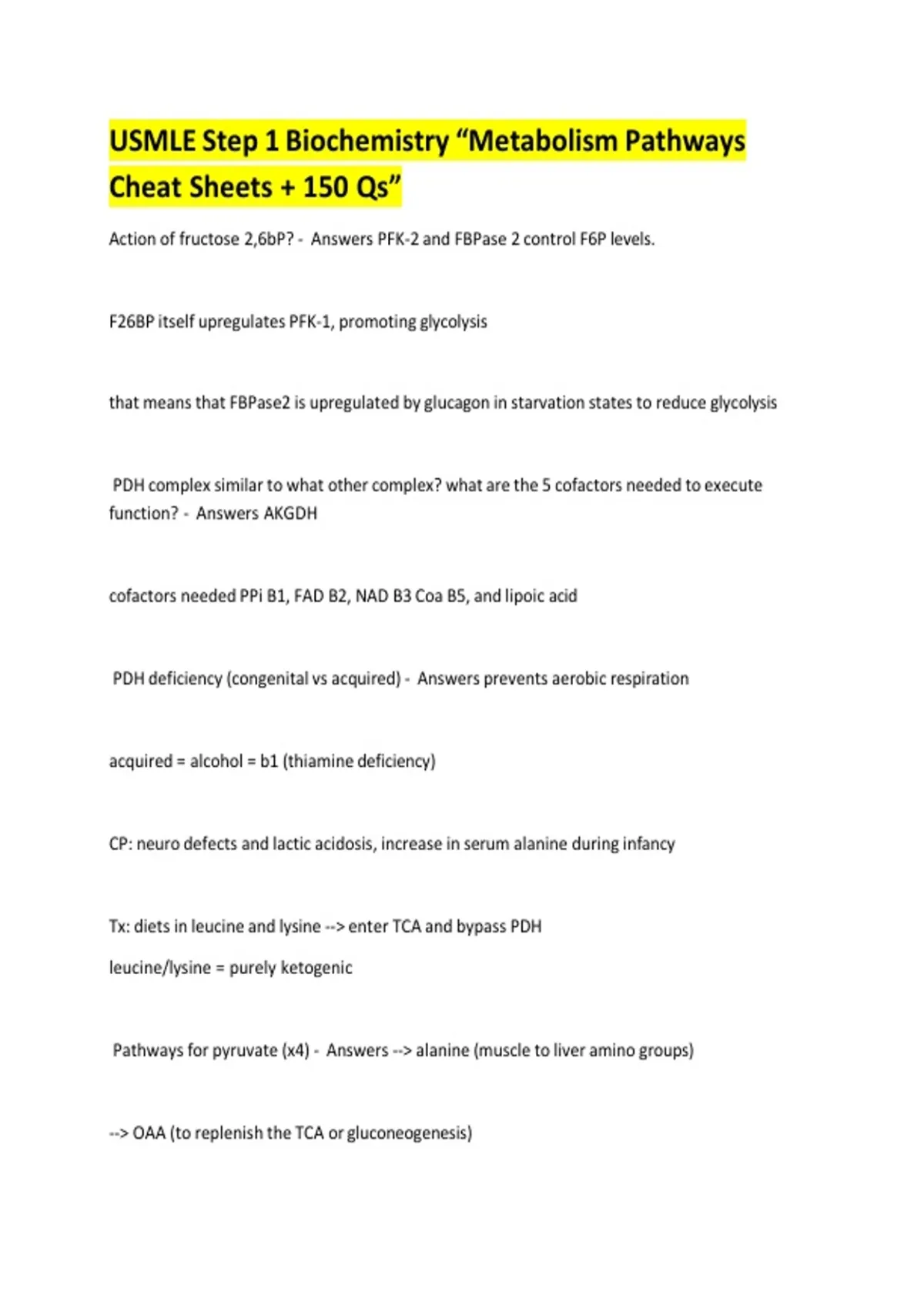 USMLE Step 1 Biochemistry “Metabolism Pathways Cheat Sheets + 150 Qs ...