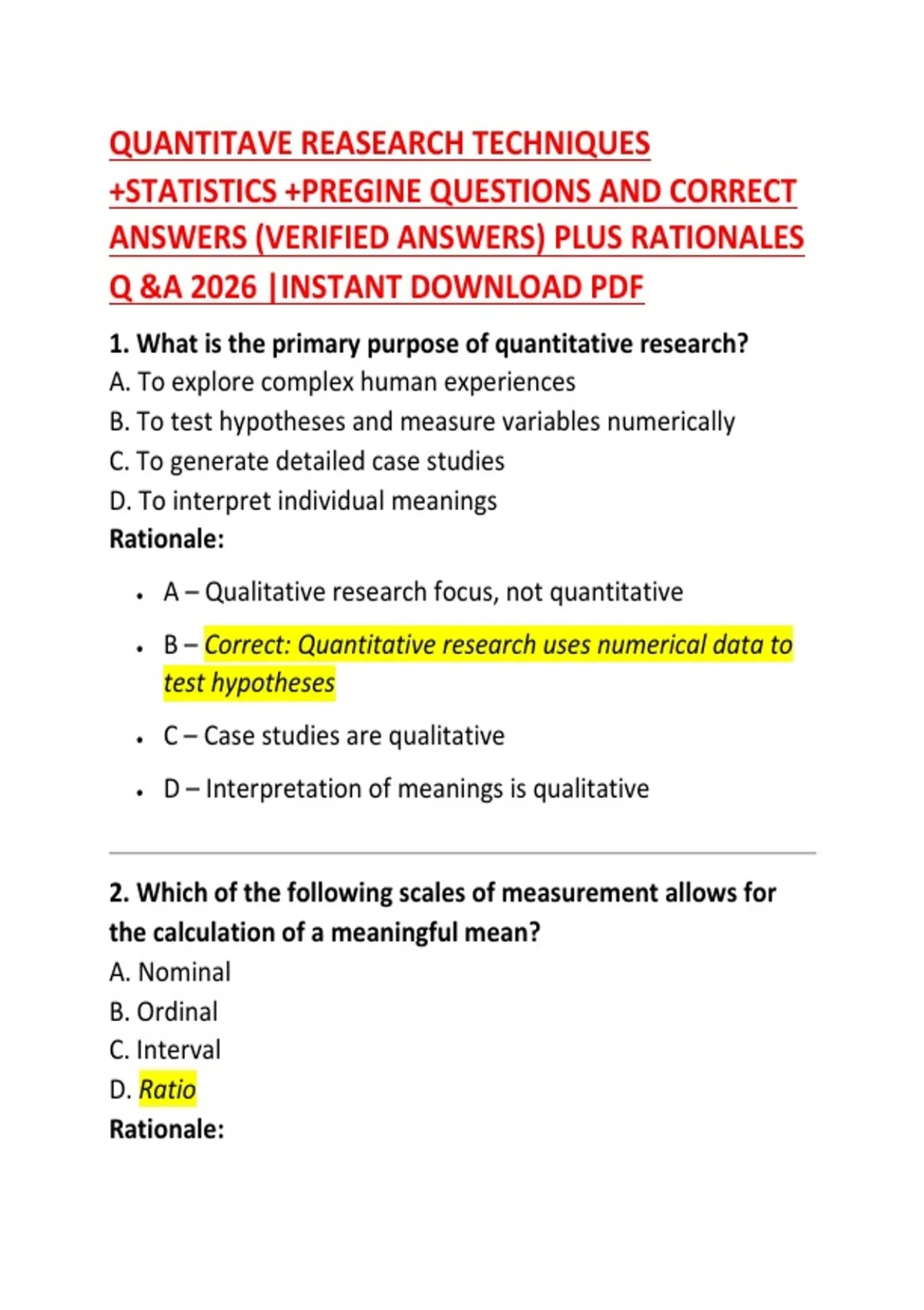 Quantitative Research Techniques Exam Questions and Correct Answers ...