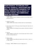 MAINTENANCE TECHNICIAN TEST ACTUAL EXAM ALL QUESTIONS AND WELL ELABORATED ANSWERS TOP RATED VERSION FOR ALREADY A&plus; GRADED HIGHLY RECOMMENDED &vert;NEW AND REVISED