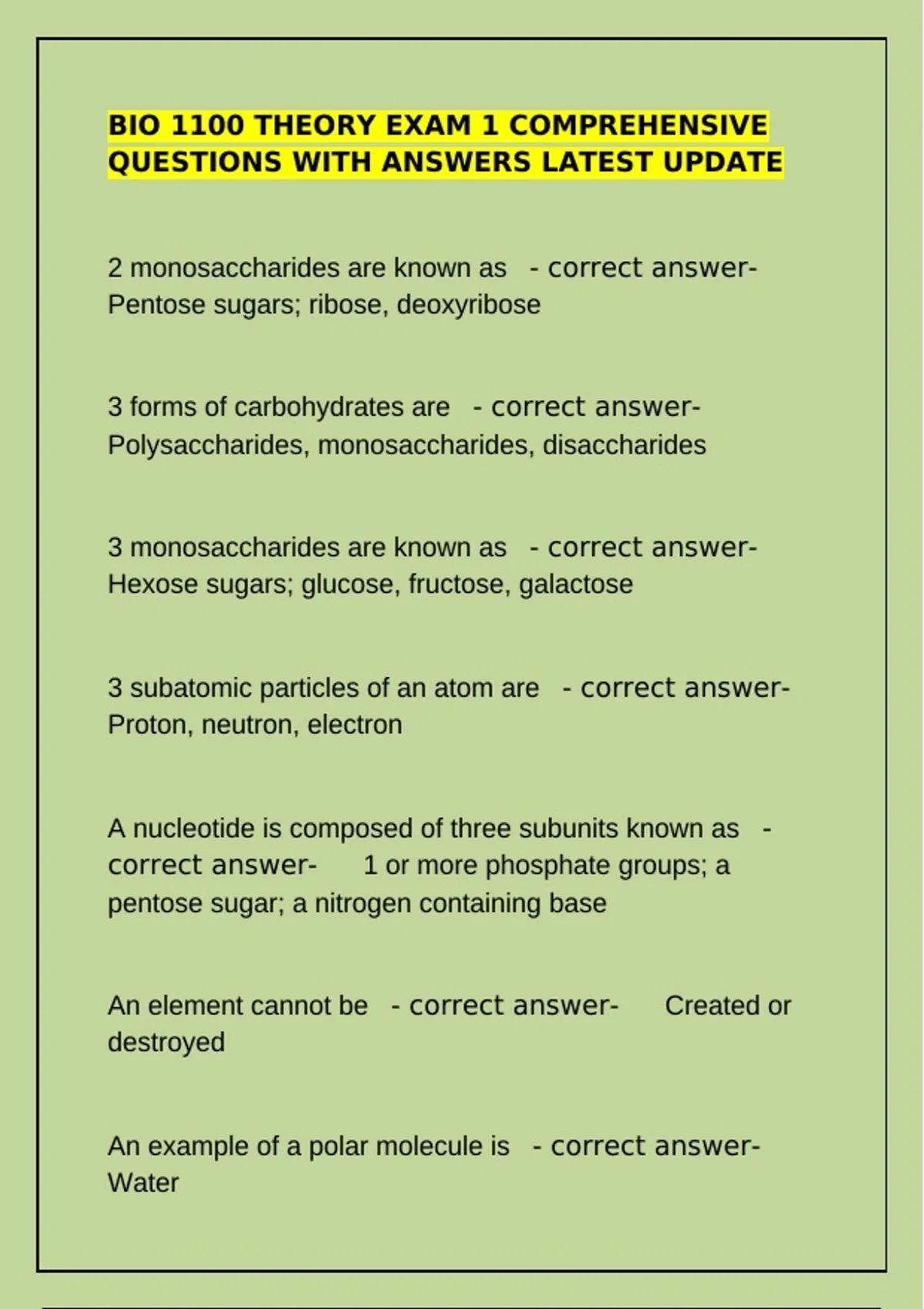 BIO 1100 Theory Exam 1 comprehensive questions with answers latest ...