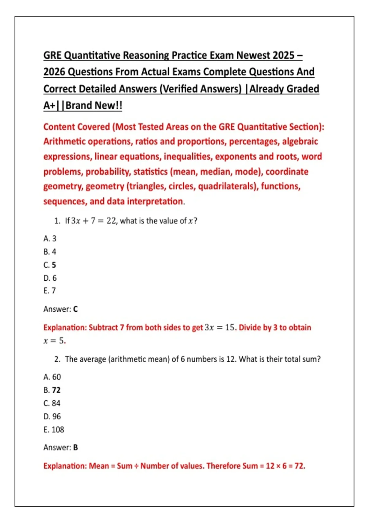 GRE Quantitative Reasoning Practice Exam Newest 2025 – 2026 Questions ...