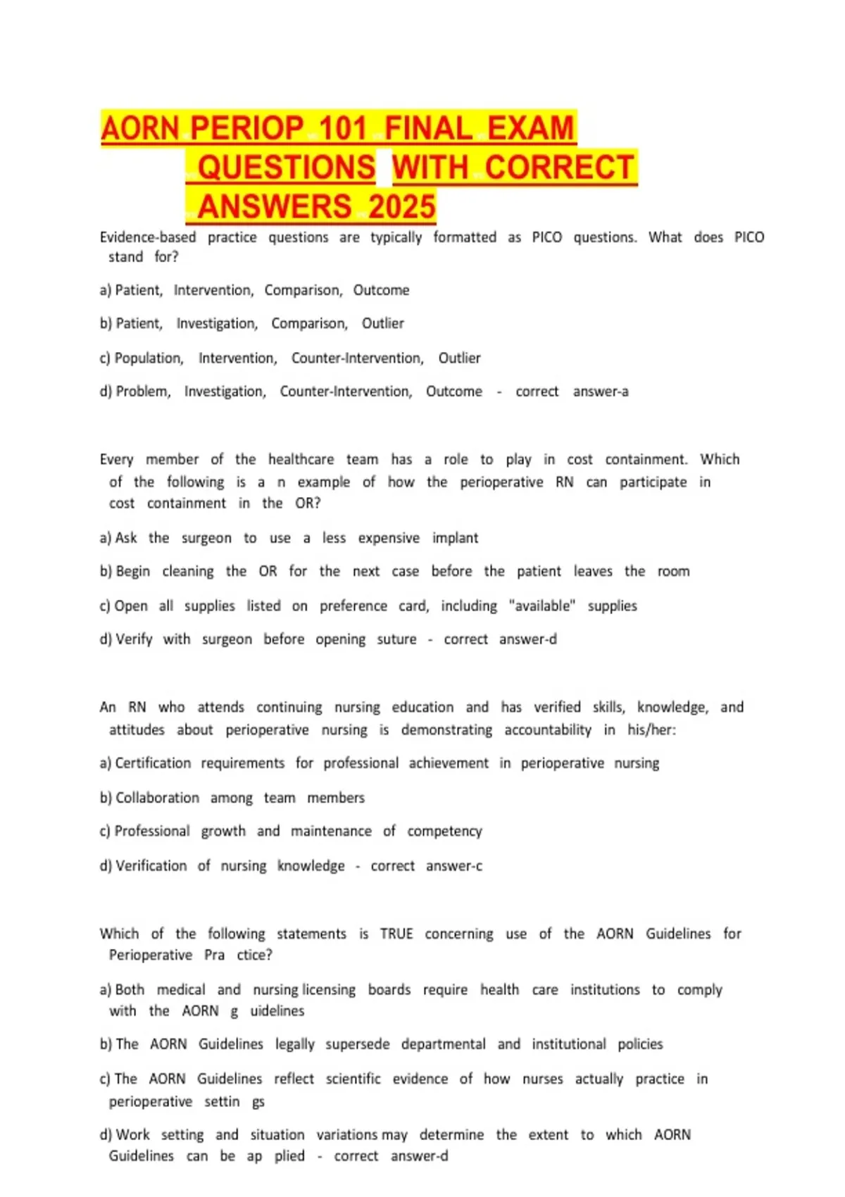 AORN Periop 101 Final Exam Questions with Correct Answers 2026 ...