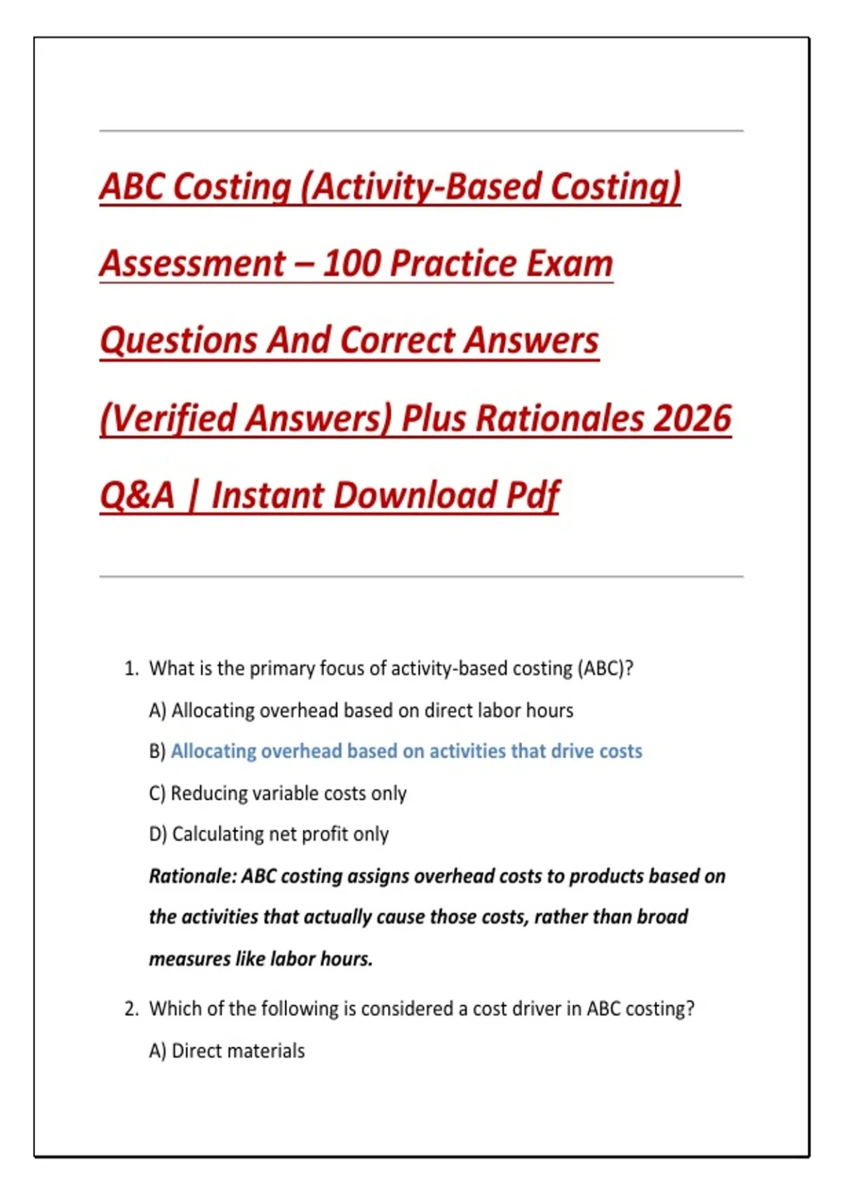 Abc Costing Exercise .pdf ABC Costing (Activity-Based Costing) Assessment – 100 Practice Exam ...