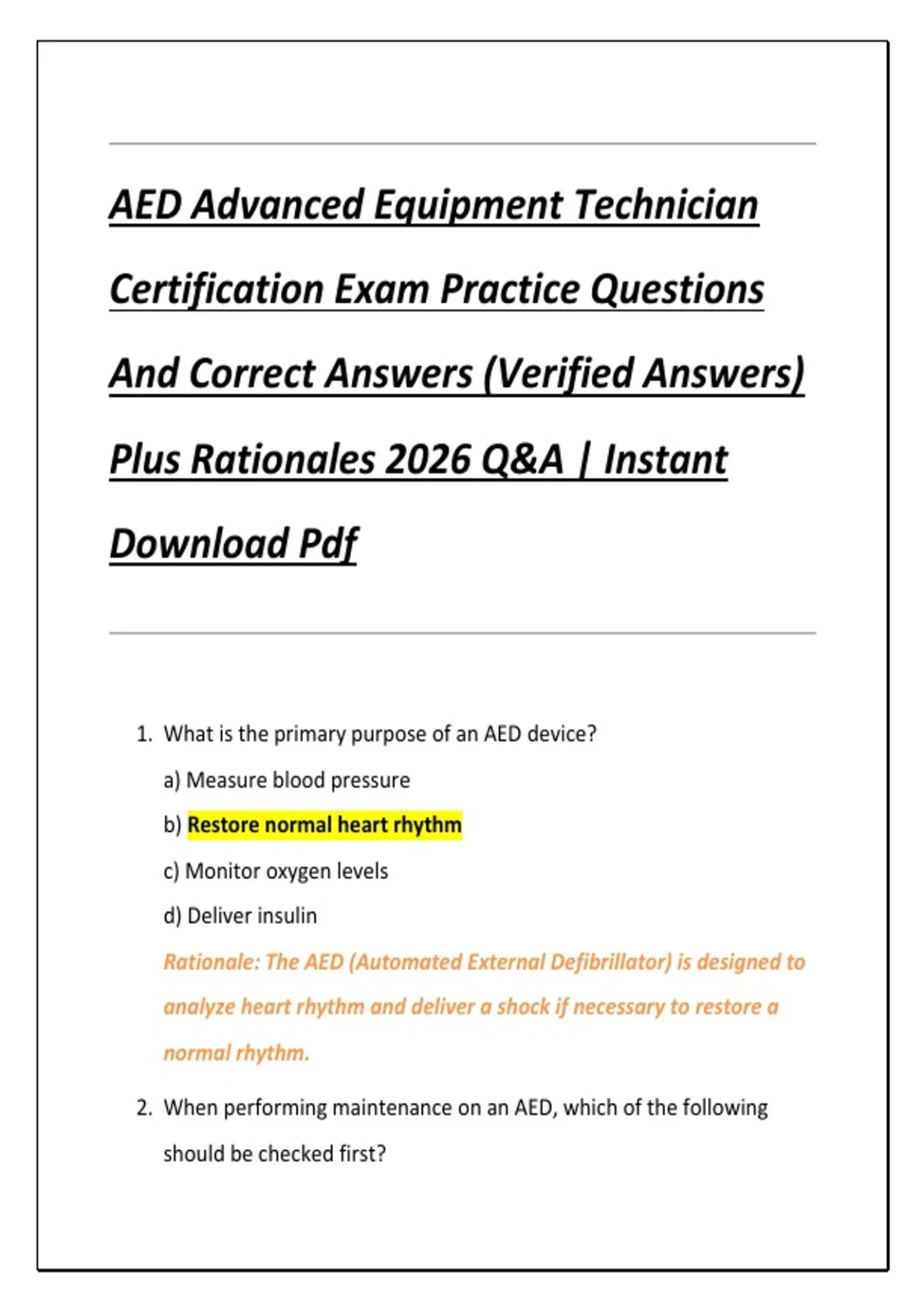 Aed Inspection Questions AED Advanced Equipment Technician Certification Exam Practice Questions ...