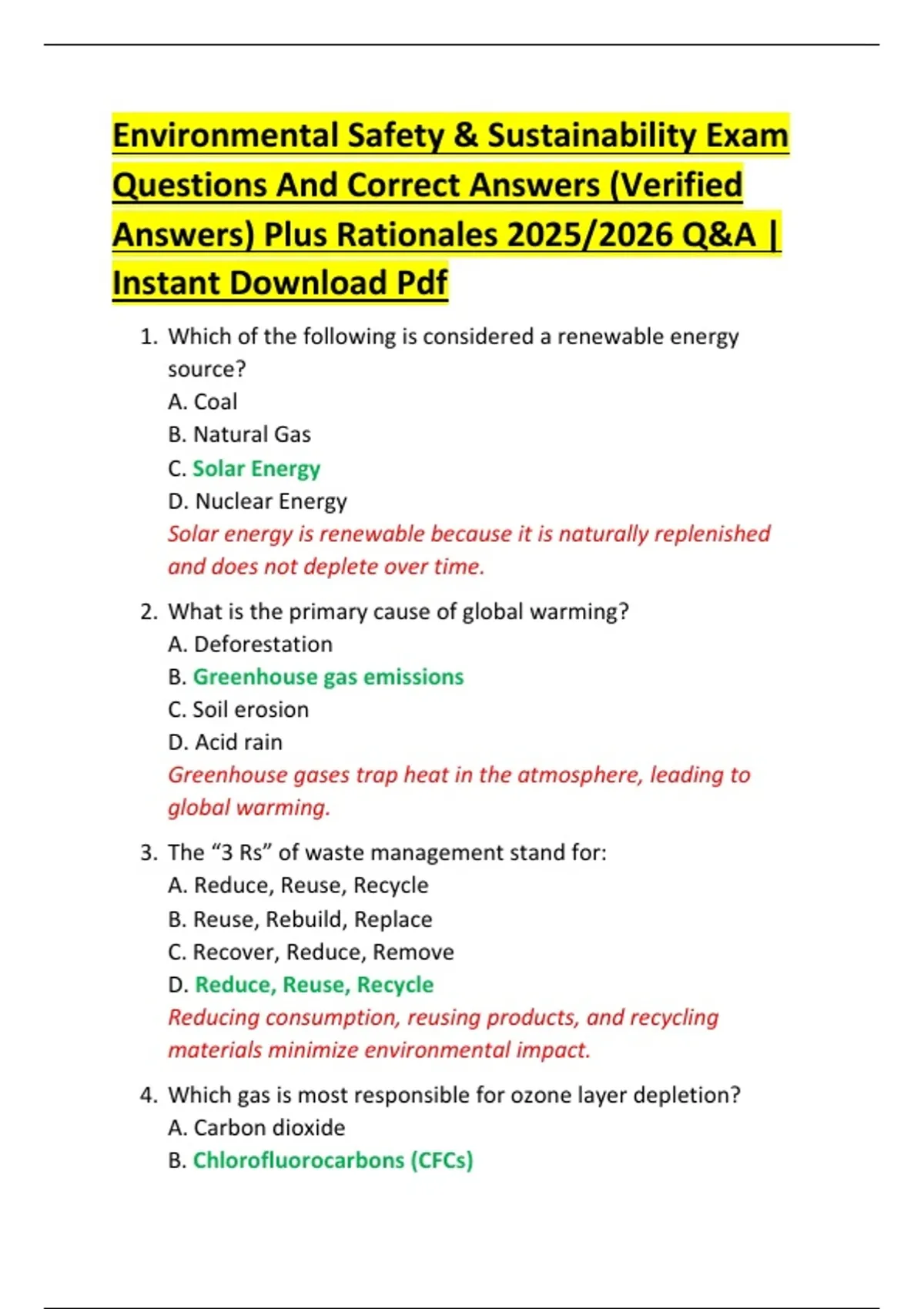 Environmental Safety & Sustainability Exam Questions And Correct ...