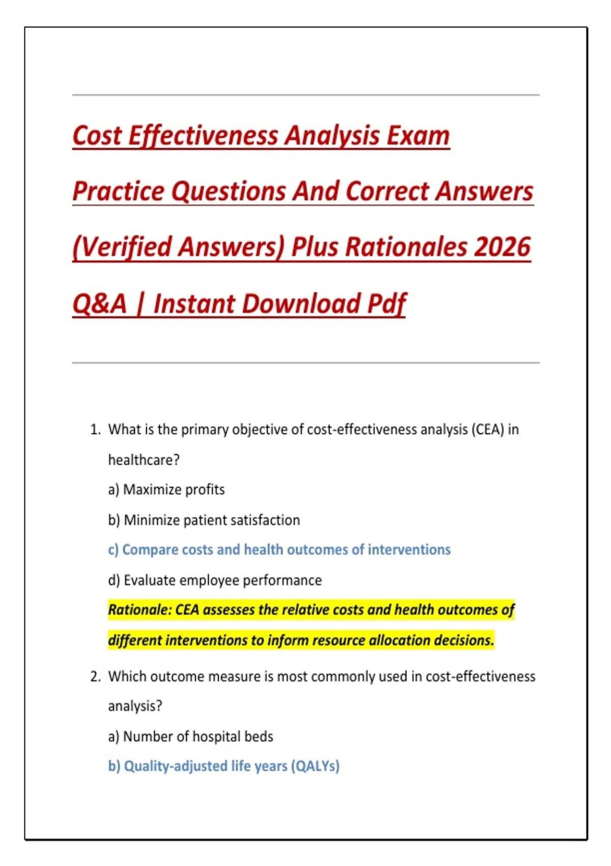 Cost Effectiveness Analysis Exam Practice Questions And Correct Answers ...