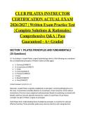 CLUB PILATES INSTRUCTOR CERTIFICATION ACTUAL EXAM 2026&sol;2027 &vert; Written Exam Practice Test &vert; Complete Solutions & Rationales &vert; Comprehensive Q&A &vert; Pass Guaranteed - A&plus; Graded