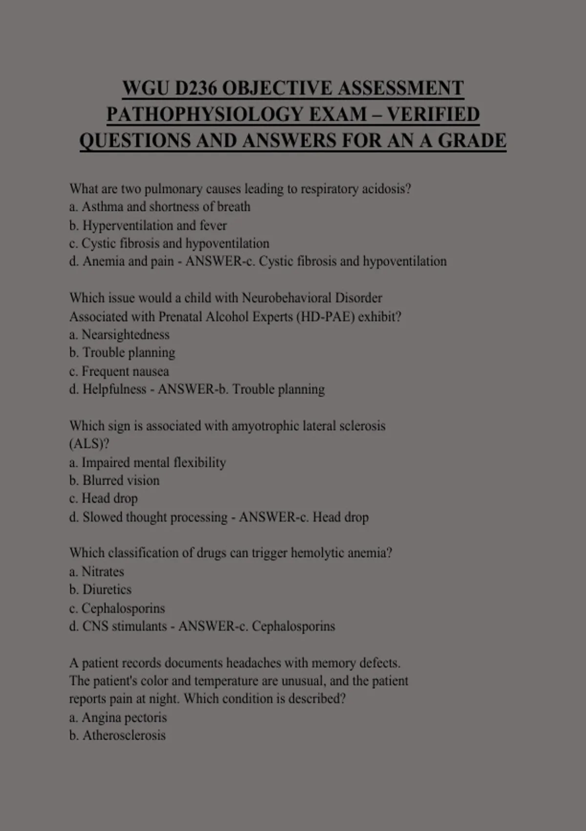 WGU Pathophysiology D236 OA Study Guide 2025/2026 | 200+ Practice ...