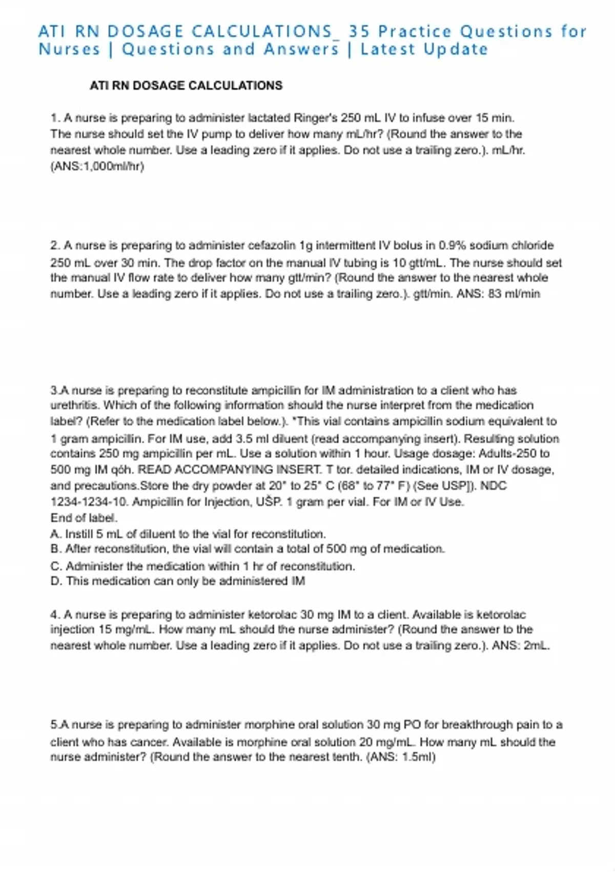 ATI RN DOSAGE CALCULATIONS_ 35 Practice Questions for Nurses ...