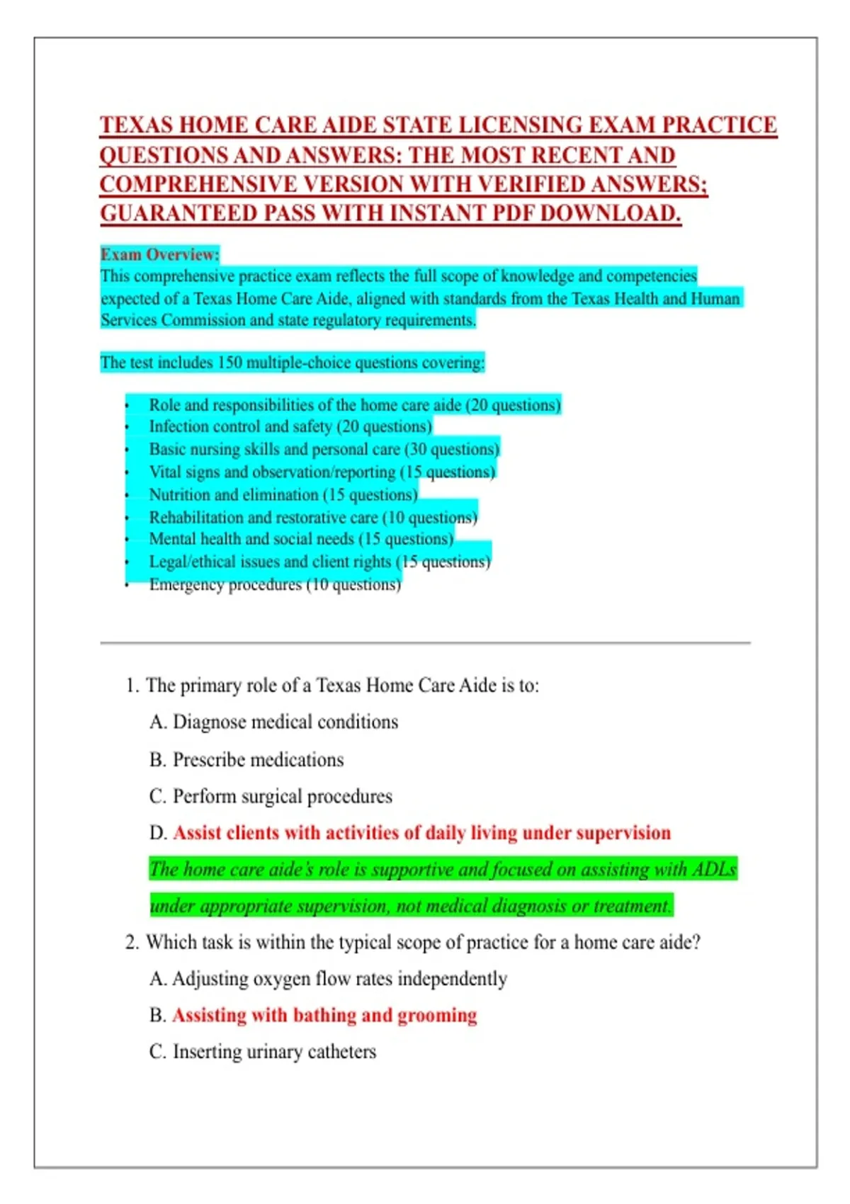 Texas Home Care Aide State Licensing Exam – Texas HCA Certification ...