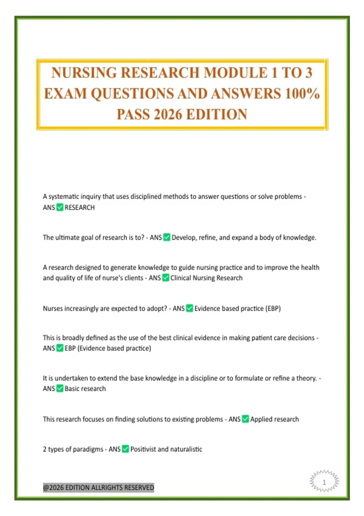 NURSING RESEARCH MODULE 1 TO 3 EXAM QUESTIONS AND ANSWERS 100% PASS ...