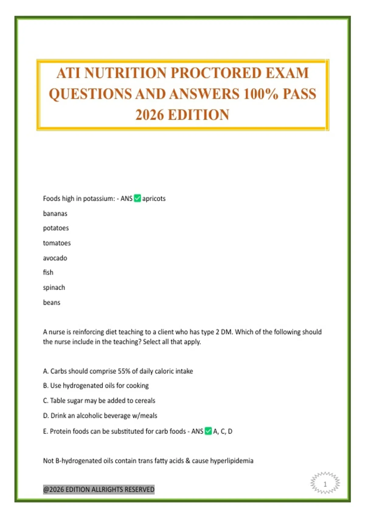 ATI NUTRITION PROCTORED EXAM QUESTIONS AND ANSWERS 100% PASS 2026 ...