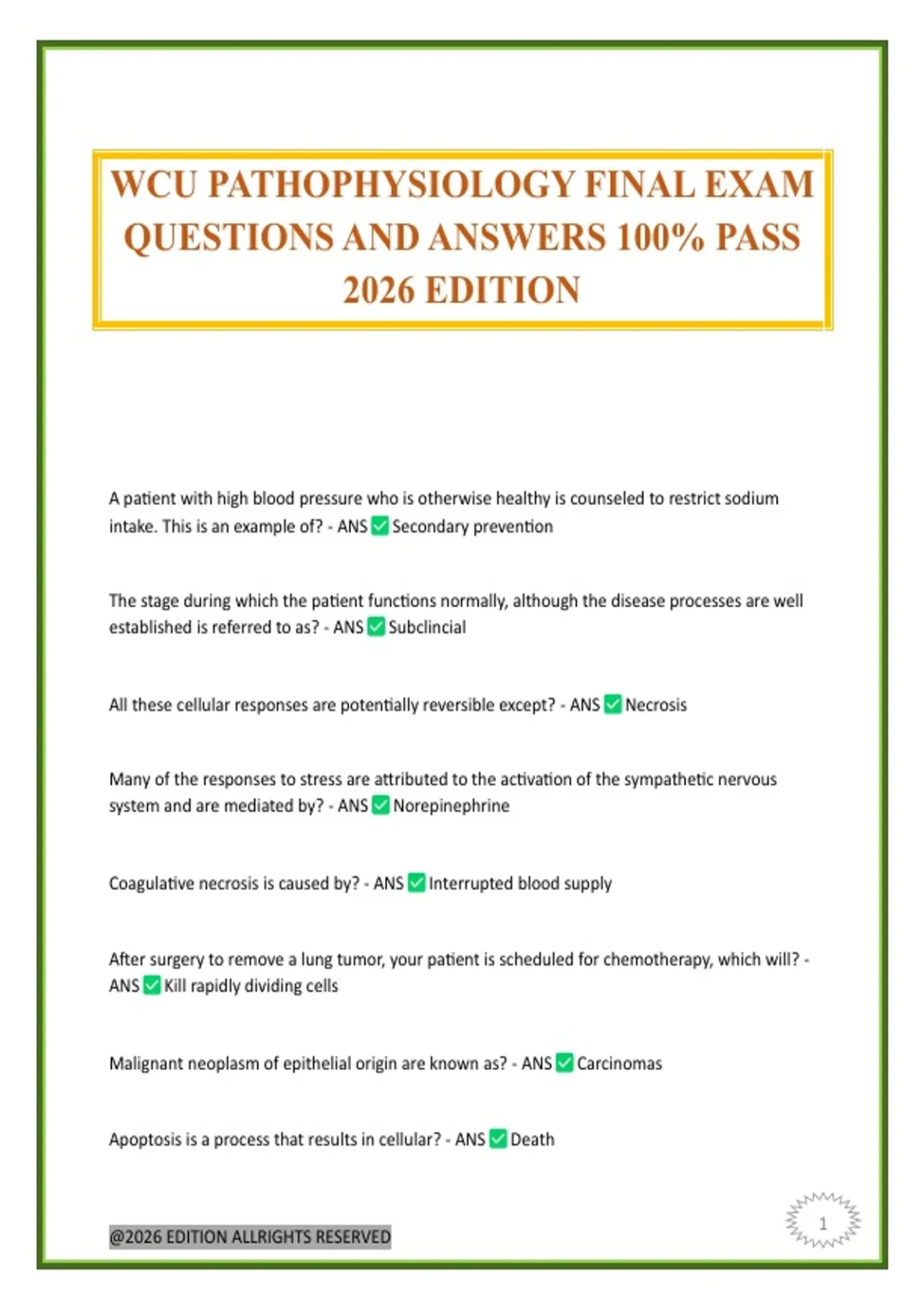 WCU PATHOPHYSIOLOGY FINAL EXAM QUESTIONS AND ANSWERS 100% PASS 2026 ...