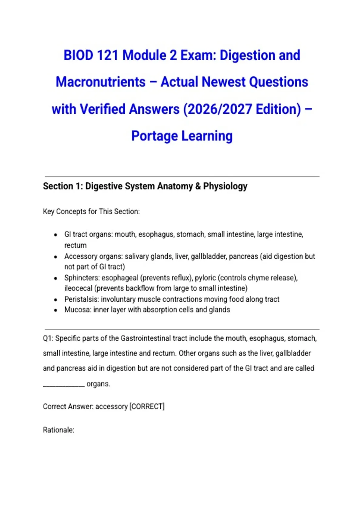 BIOD 121 Module 2 Exam: Digestion and Macronutrients – Actual Newest ...