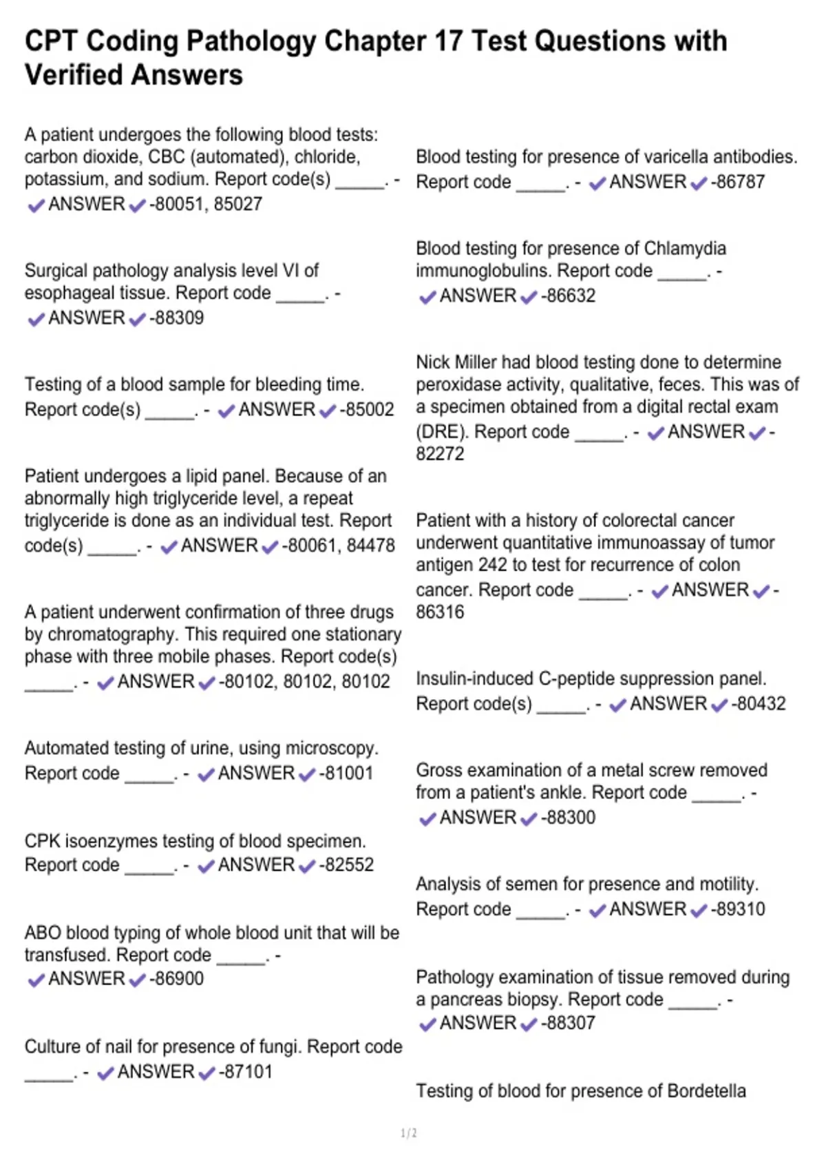 CPT Coding Pathology Chapter 17 Test Questions with Verified Answers ...