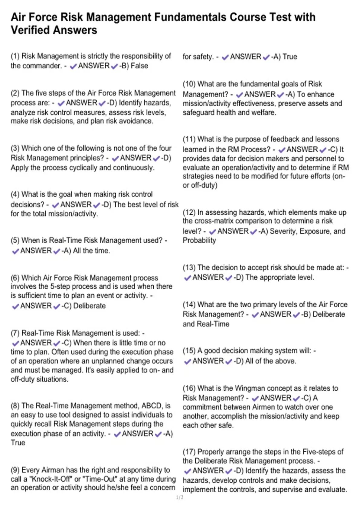 Air Force Risk Management Fundamentals Course Test with Verified ...