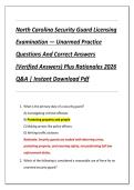 North Carolina Security Guard Licensing  Examination &mdash; Unarmed Practice  Questions And Correct Answers  &lpar;Verified Answers&rpar; Plus Rationales 2026  Q&A &vert; Instant Download Pdf 