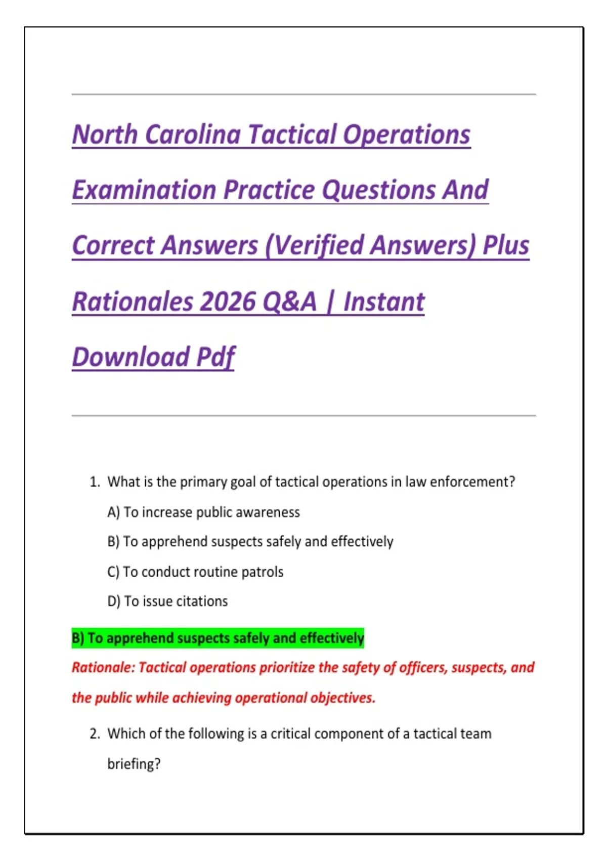 Questions Tactical North Carolina Tactical Operations Examination Practice Questions And ...