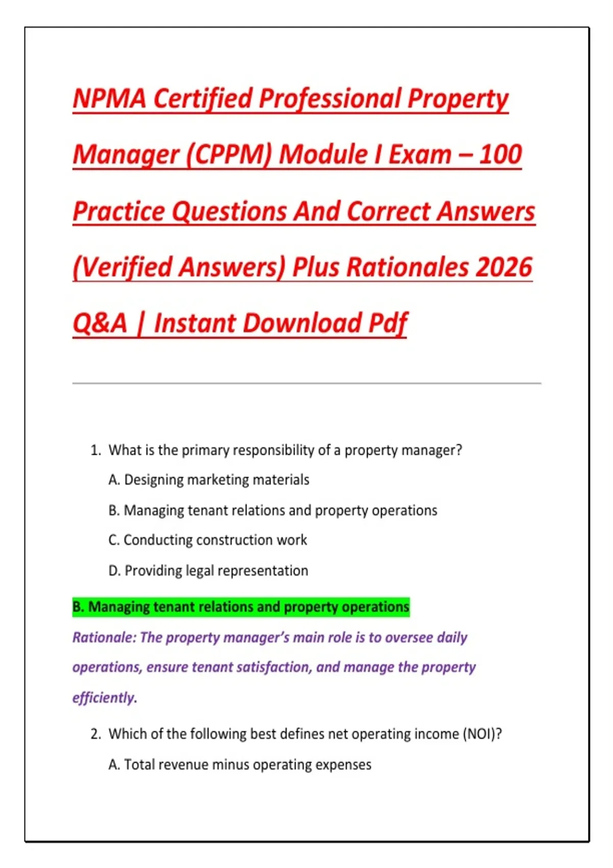 NPMA Certified Professional Property Manager (CPPM) Module I Exam – 100 ...