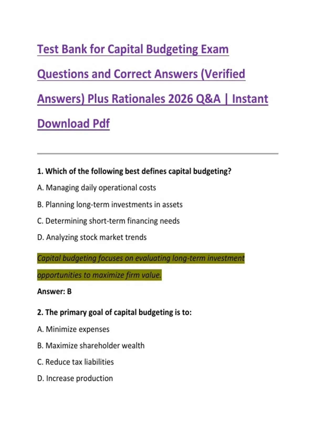 Test Bank for Capital Budgeting Exam Questions and Correct Answers ...