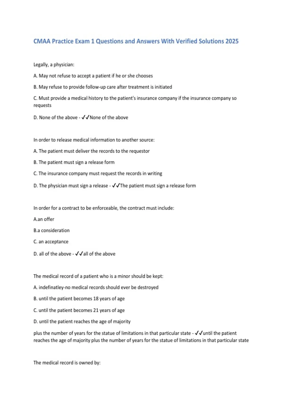 CMAA Practice Exam 1 Questions and Answers With Verified Solutions 2025 ...