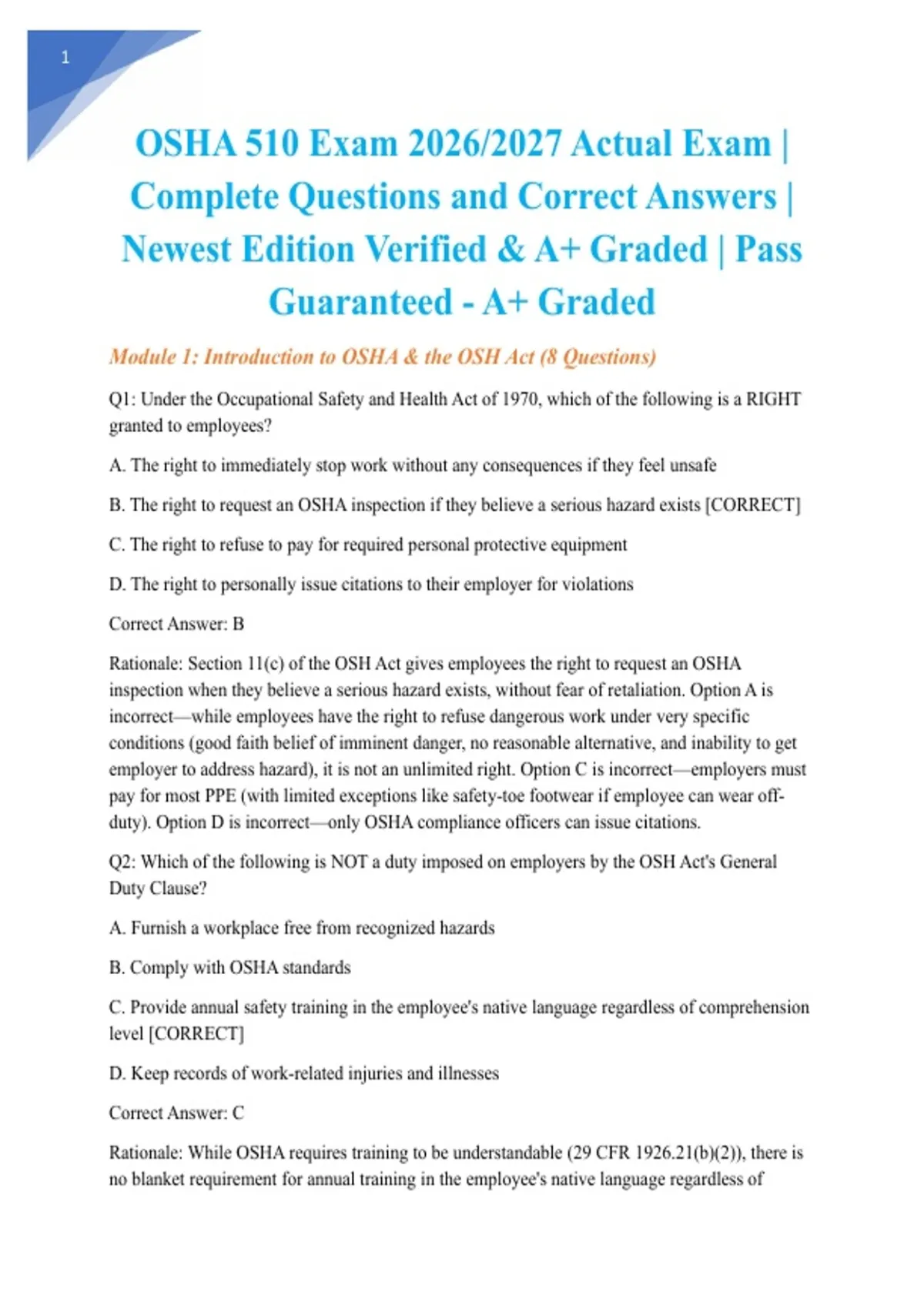 OSHA 510 Exam 2026/2027 Actual Exam | Complete Questions and Correct ...