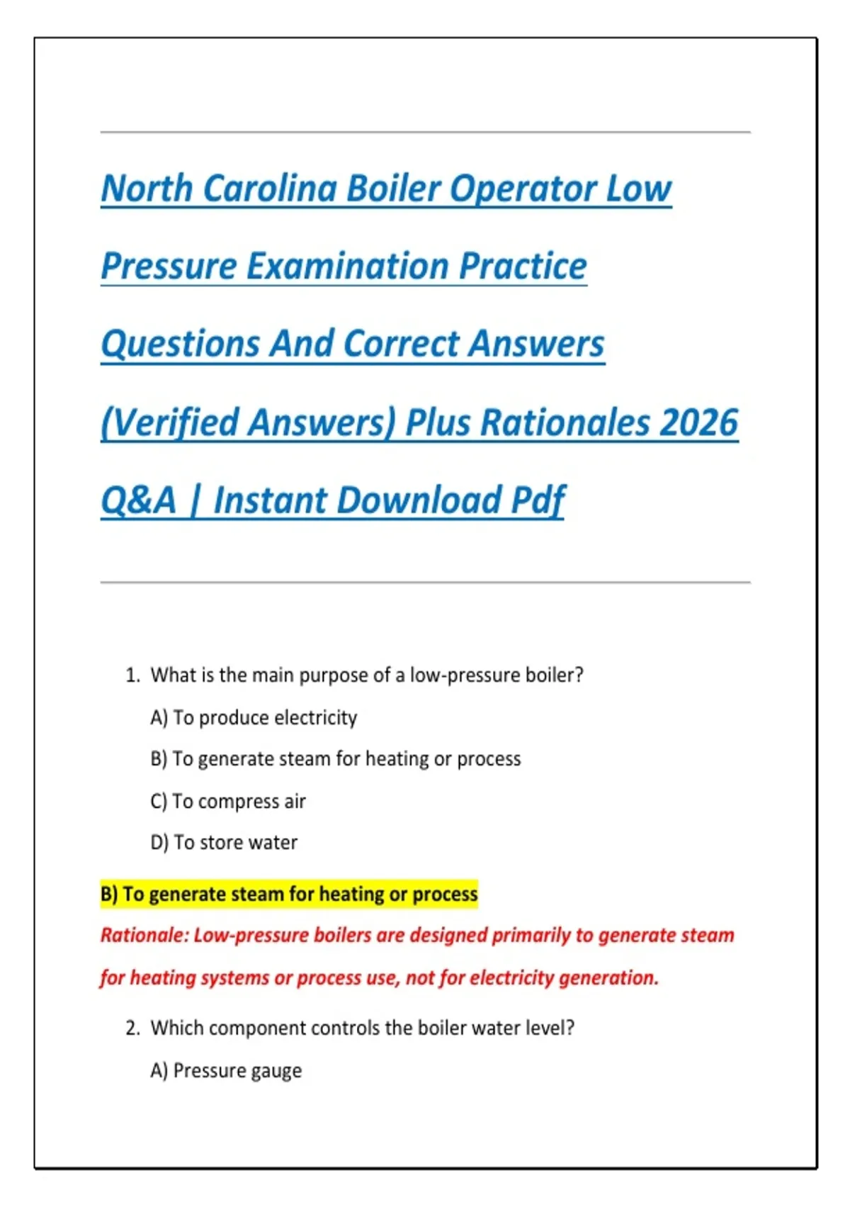 North Carolina Boiler Operator Low Pressure Examination Practice Questions And Correct Answers ...