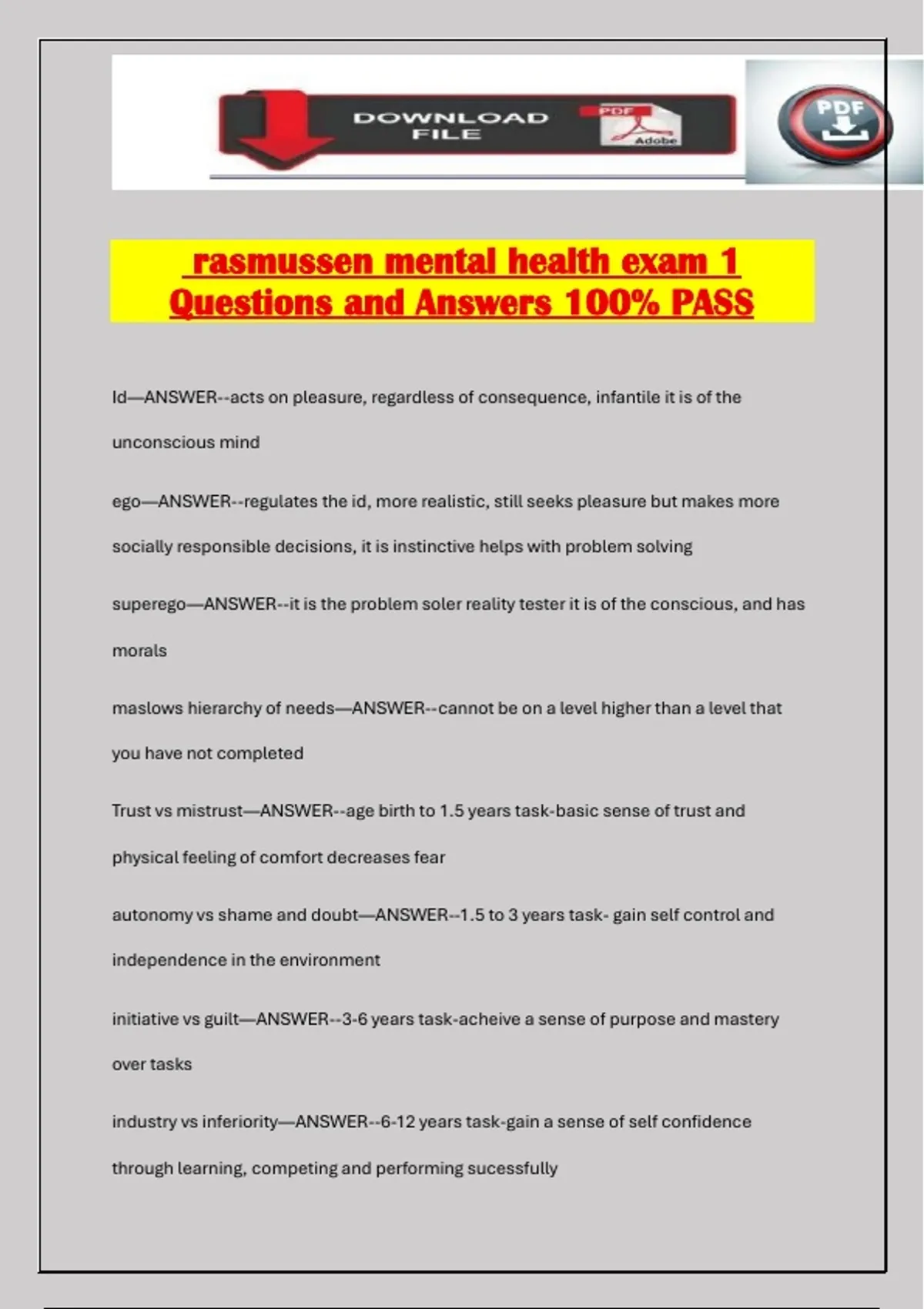 rasmussen mental health exam 1 Questions and Answers 100% PASS ...
