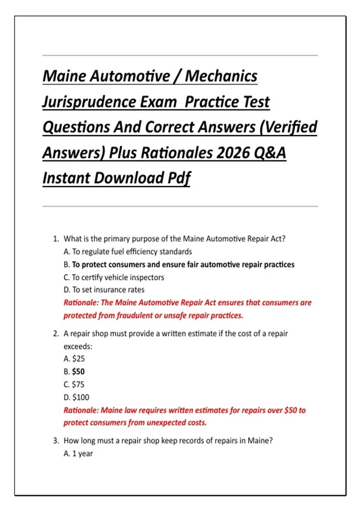 Maine Automotive / Mechanics Jurisprudence Exam Practice Test Questions ...
