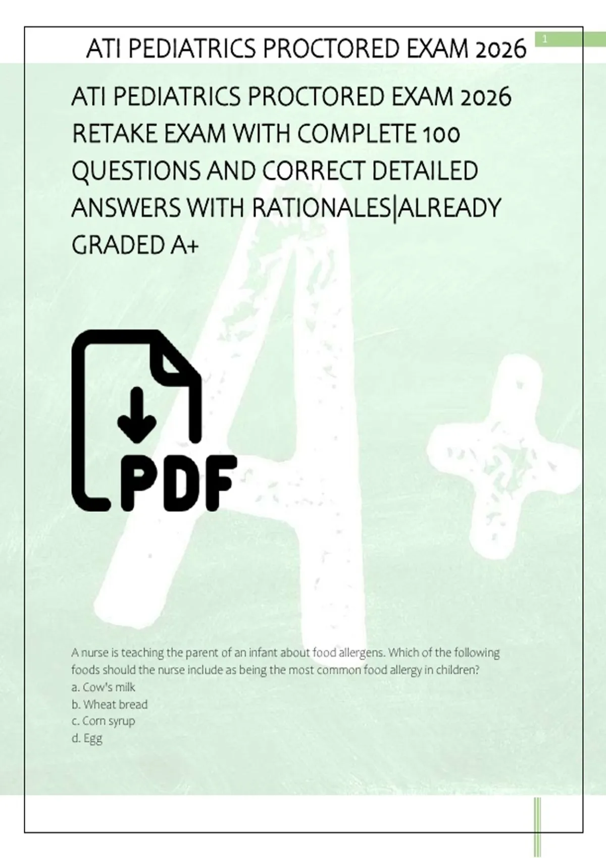 ATI PEDIATRICS PROCTORED EXAM 2026 RETAKE EXAM WITH COMPLETE 100 ...