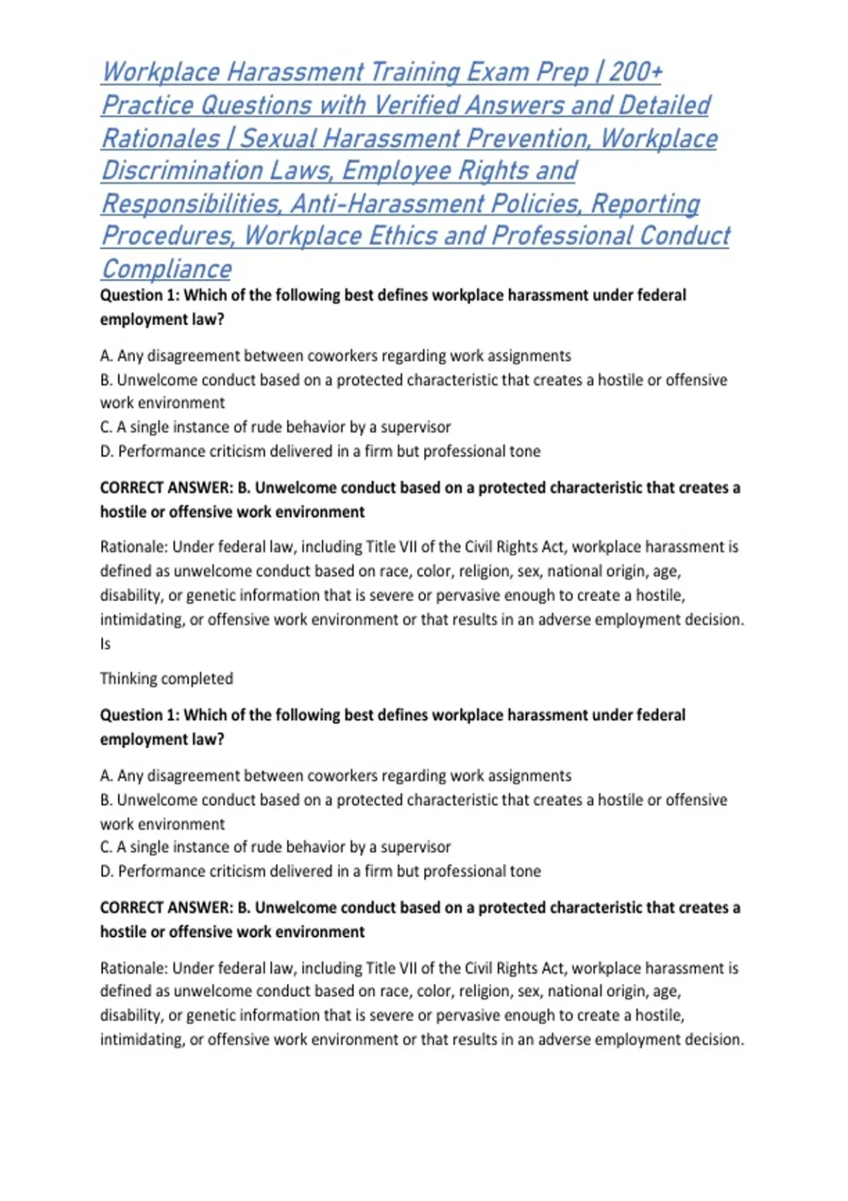 Workplace Harassment Training Exam Prep | 200+ Practice Questions with Verified Answers and ...